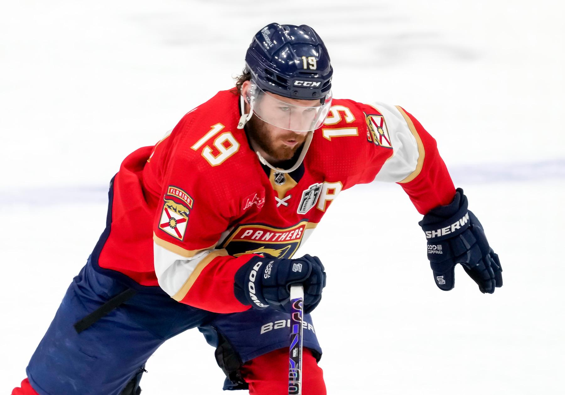 SUNRISE, FL - JUNE 24: Florida Panthers left wing Matthew Tkachuk (19) skates during the NHL Stanley Cup Finals, Game 7 between the Florida Panthers and Edmonton Oilers on June 24th, 2024 at Amerant Bank Arena in Sunrise, FL. (Photo by Andrew Bershaw/Icon Sportswire via Getty Images)