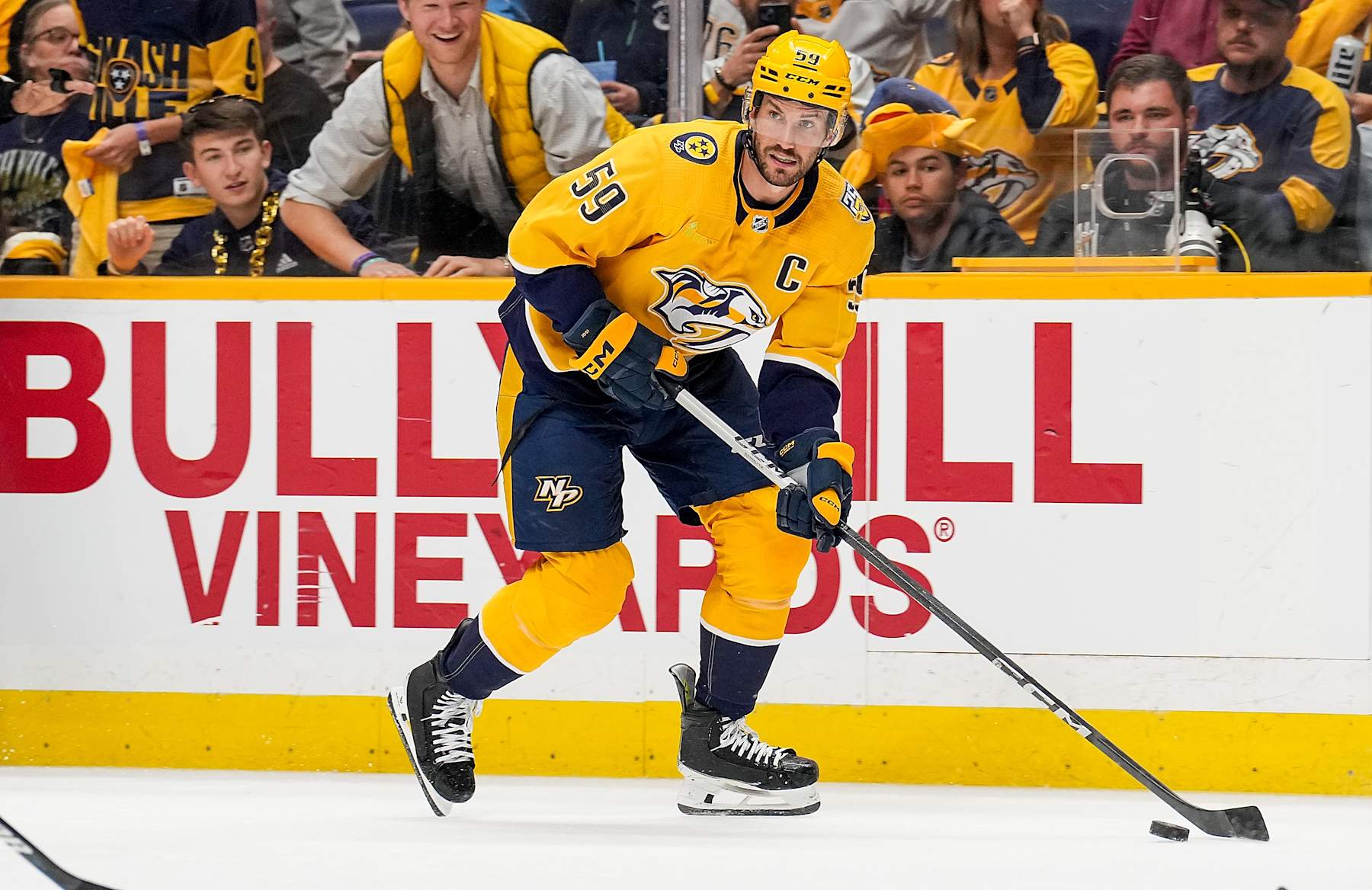 NASHVILLE, TENNESSEE - MAY 3: Roman Josi #59 of the Nashville Predators skates against the Vancouver Canucks in Game Six of the First Round of the 2024 Stanley Cup Playoffs at Bridgestone Arena on May 3, 2024 in Nashville, Tennessee. (Photo by John Russell/NHLI via Getty Images)