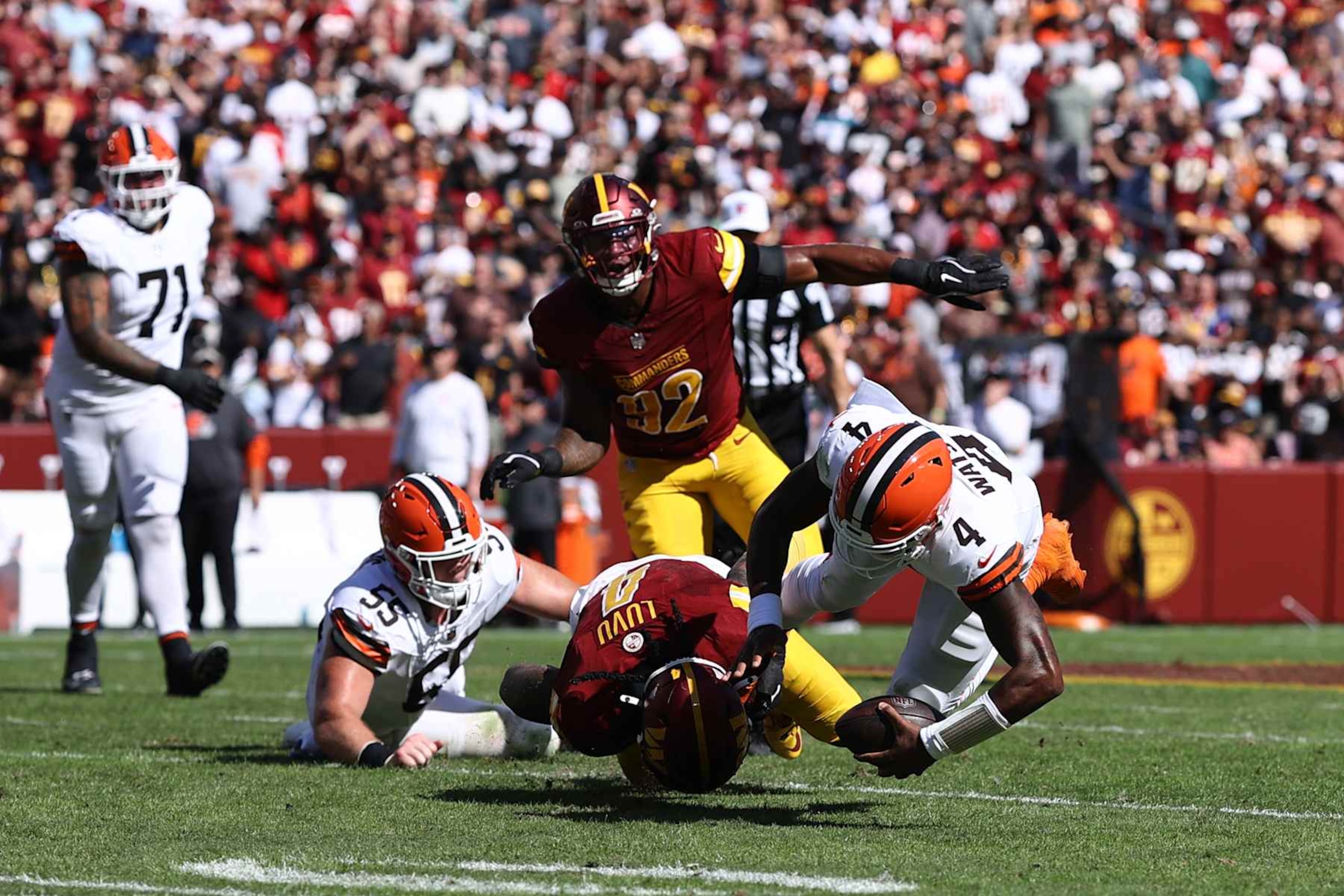 Browns QB Deshaun Watson is sacked by Commanders LB Frankie Luvu. Browns QB Deshaun Watson is sacked by Commanders LB Frankie Luvu.
