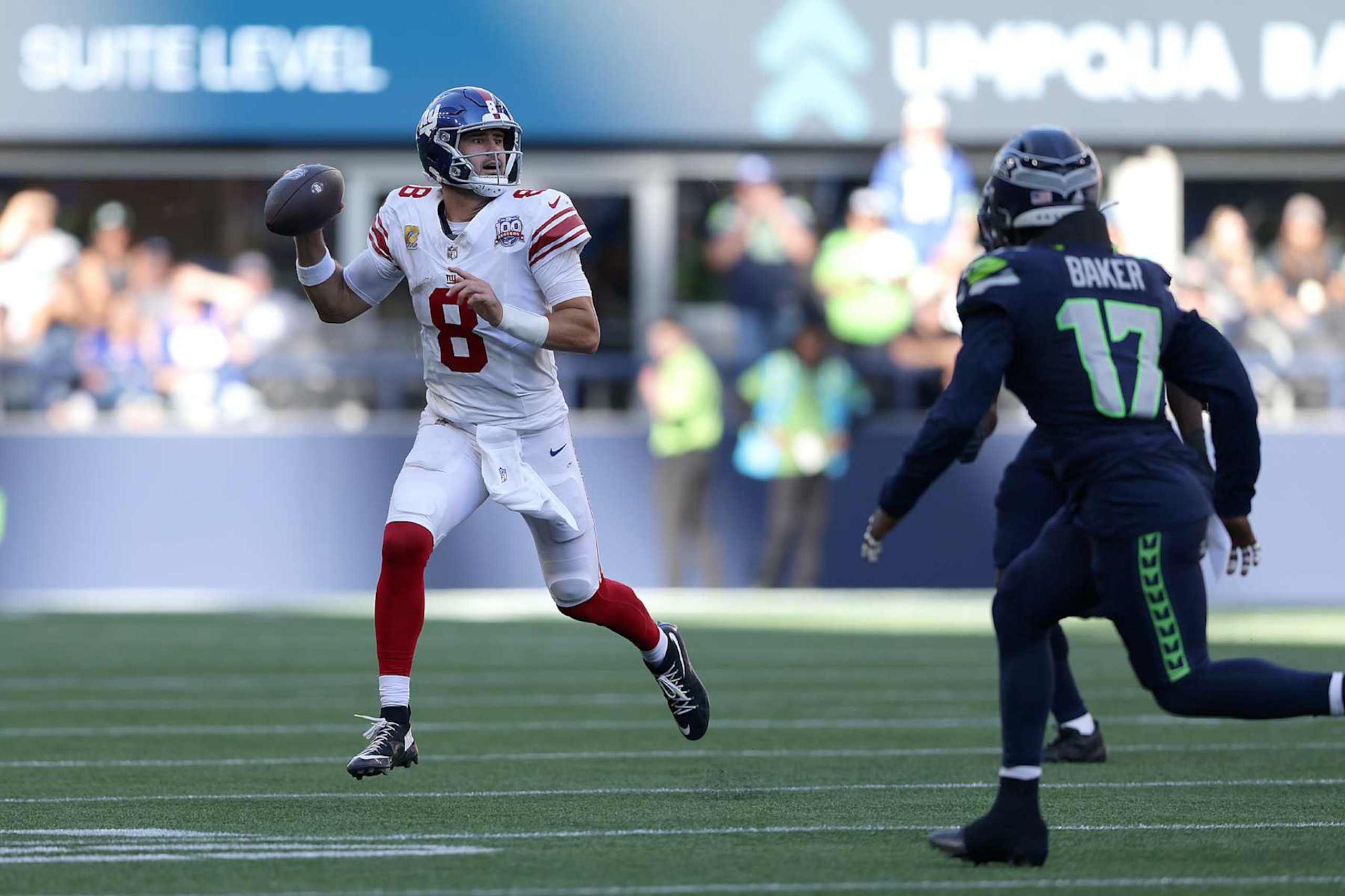 SEATTLE, WASHINGTON - OCTOBER 06: Daniel Jones #8 of the New York Giants looks to pass during the third quarter of a game against the Seattle Seahawks at Lumen Field on October 06, 2024 in Seattle, Washington. (Photo by Rio Giancarlo/Getty Images)
