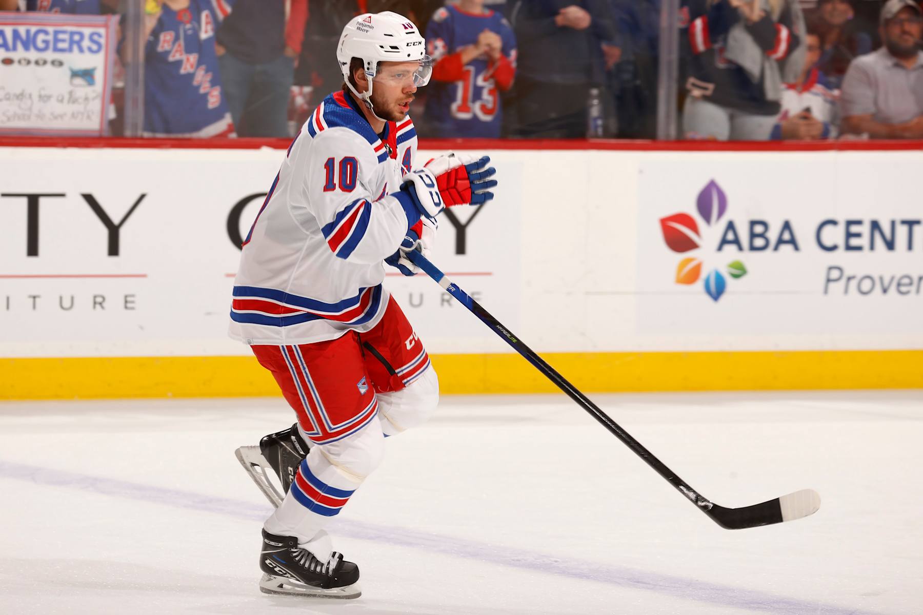 SUNRISE, FLORIDA - MAY 28: Artemi Panarin #10 of the New York Rangers warms up on the ice prior to the start of the game against the Florida Panthers in Game Four of the Eastern Conference Final at the Amerant Bank Arena on May 28, 2024 in Sunrise, Florida. (Photo by Eliot J. Schechter/NHLI via Getty Images)