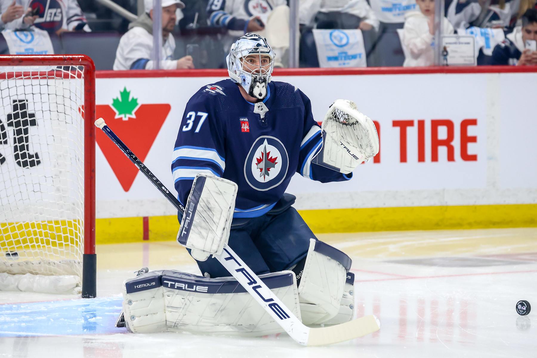 WINNIPEG, CANADA - APRIL 30: Goaltender Connor Hellebuyck #37 of the Winnipeg Jets takes part in the pre-game warm up prior to NHL action against the Colorado Avalanche in Game Five of the First Round of the 2024 Stanley Cup Playoffs at the Canada Life Centre on April 30, 2024 in Winnipeg, Manitoba, Canada. (Photo by Jonathan Kozub/NHLI via Getty Images)