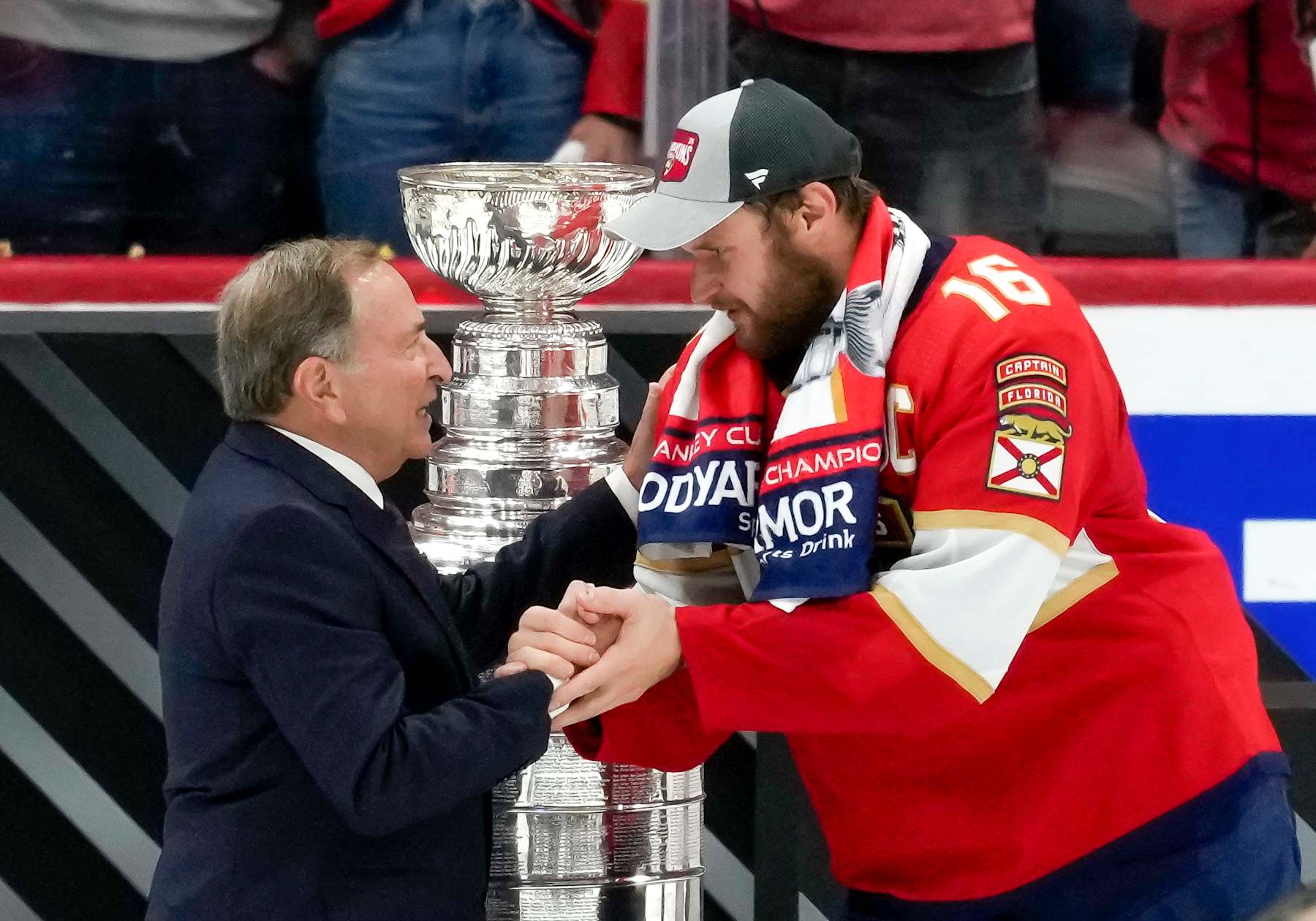 SUNRISE, FL - JUNE 24:  NHL commissioner Gary Bruce Bettman and Florida Panthers center Aleksander Barkov (16) during the NHL Stanley Cup Finals, Game 7 between the Florida Panthers and Edmonton Oilers on June 24th, 2024 at Amerant Bank Arena in Sunrise, FL. (Photo by Andrew Bershaw/Icon Sportswire via Getty Images)