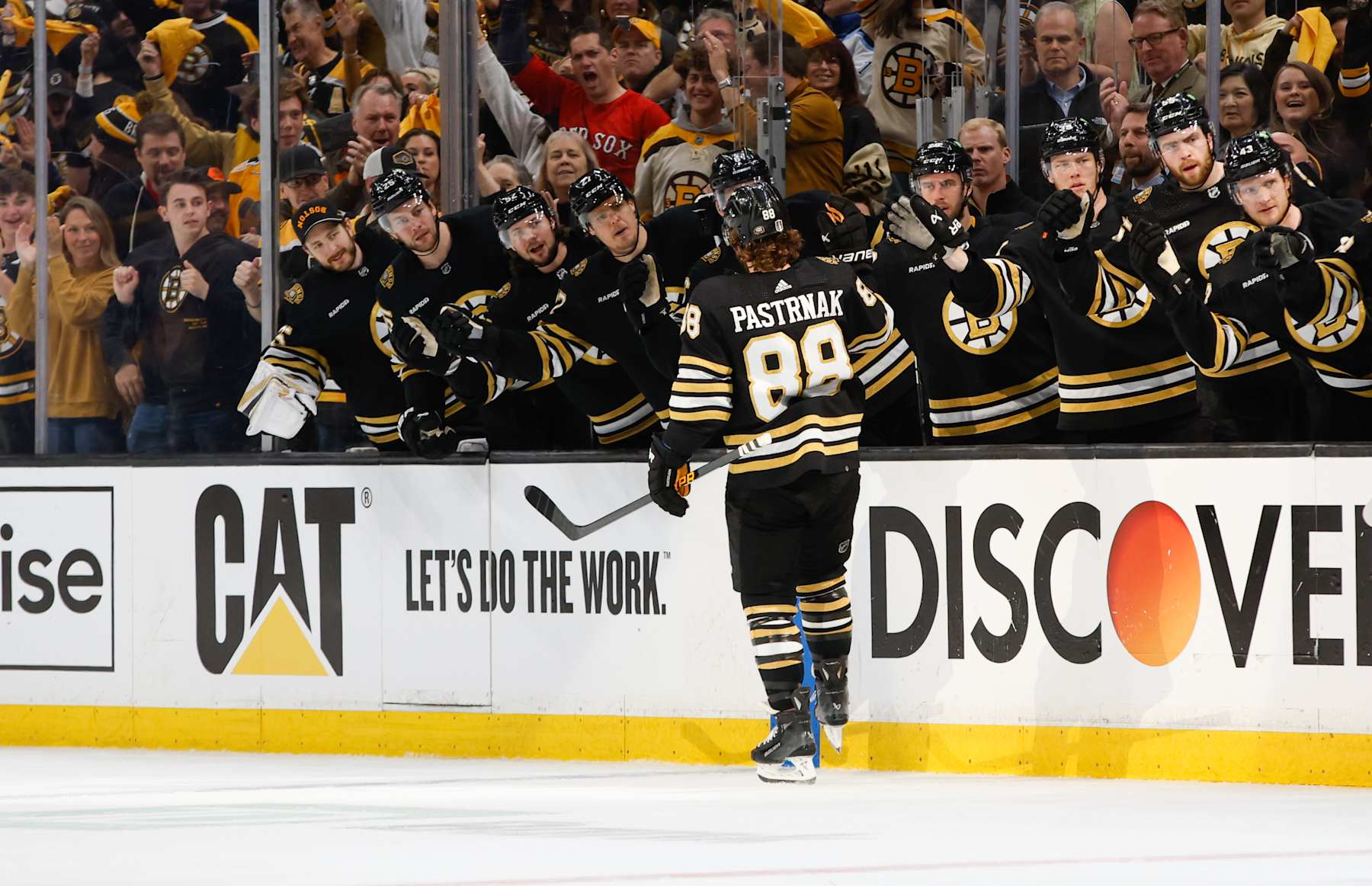 BOSTON, MASSACHUSETTS - MAY 12: David Pastrnak #88 of the Boston Bruins celebrates his goal against the Florida Panthers with teammates during the first period in Game Four of the Second Round of the 2024 Stanley Cup Playoffs at the TD Garden on May 12, 2024 in Boston, Massachusetts. The Panthers won 3-2. (Photo by Rich Gagnon/Getty Images)