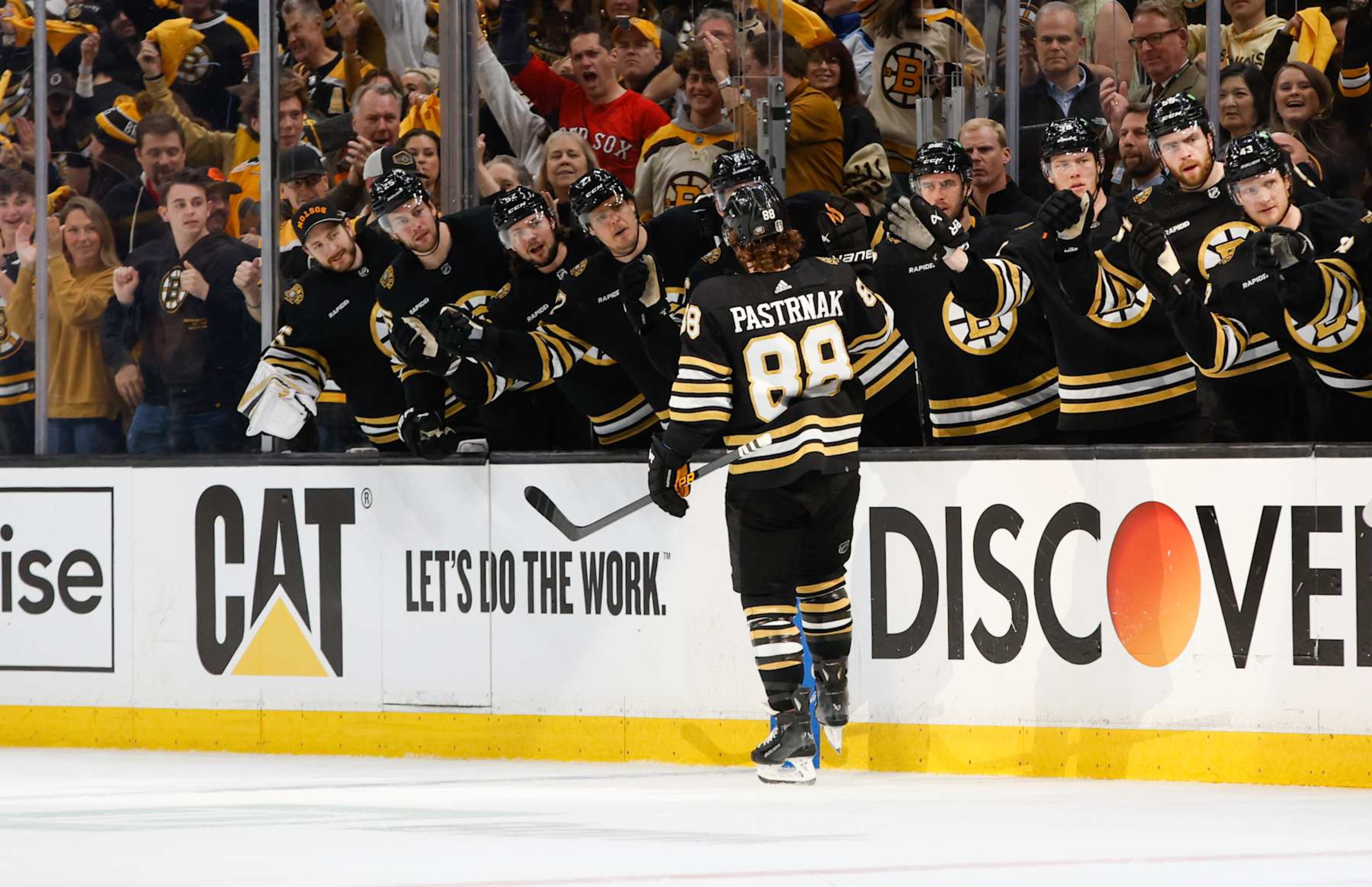 BOSTON, MASSACHUSETTS - MAY 12: David Pastrnak #88 of the Boston Bruins celebrates his goal against the Florida Panthers with teammates during the first period in Game Four of the Second Round of the 2024 Stanley Cup Playoffs at the TD Garden on May 12, 2024 in Boston, Massachusetts. The Panthers won 3-2. (Photo by Rich Gagnon/Getty Images) BOSTON, MASSACHUSETTS - MAY 12: David Pastrnak #88 of the Boston Bruins celebrates his goal against the Florida Panthers with teammates during the first period in Game Four of the Second Round of the 2024 Stanley Cup Playoffs at the TD Garden on May 12, 2024 in Boston, Massachusetts. The Panthers won 3-2. (Photo by Rich Gagnon/Getty Images)