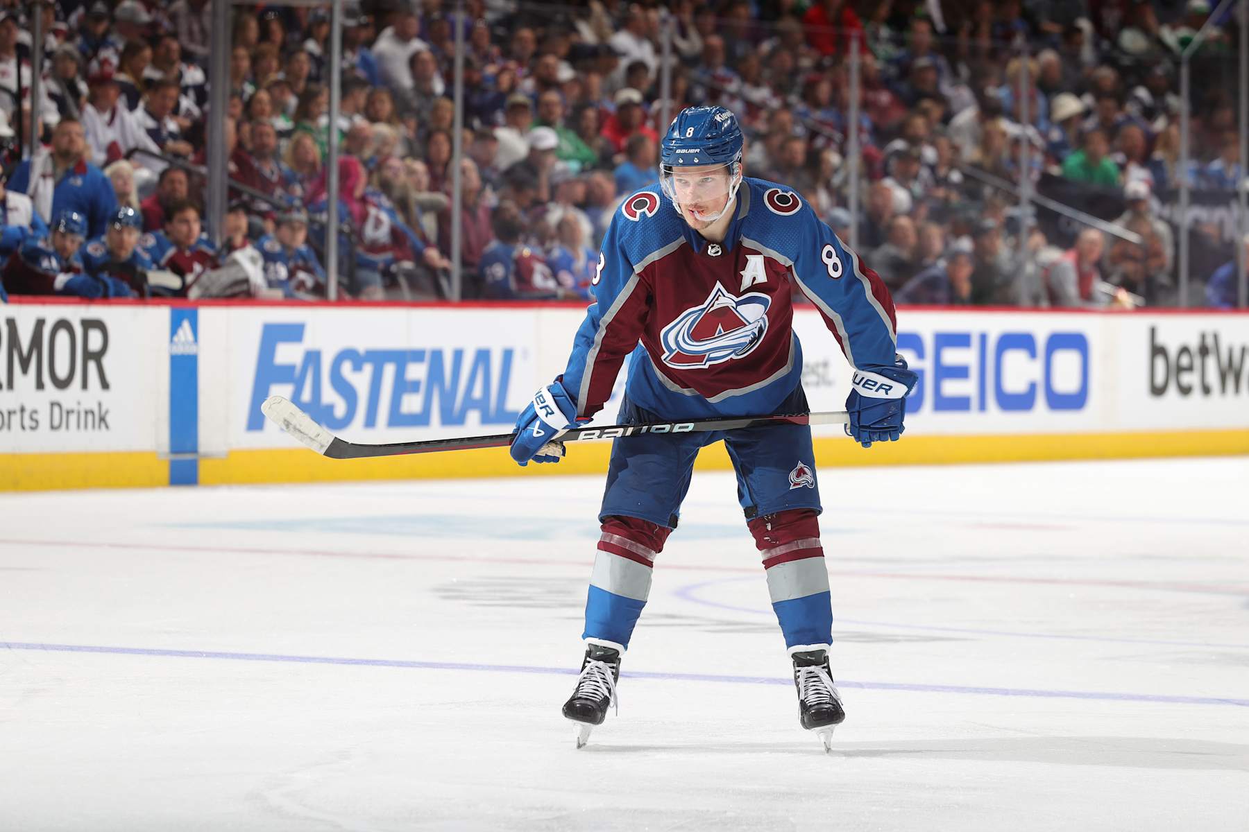 DENVER, COLORADO - MAY 13: Cale Makar #8 of the Colorado Avalanche skates against the Dallas Stars in Game Four of the Second Round of the 2024 Stanley Cup Playoffs at Ball Arena on May 13, 2024 in Denver, Colorado. (Photo by Michael Martin/NHLI via Getty Images)