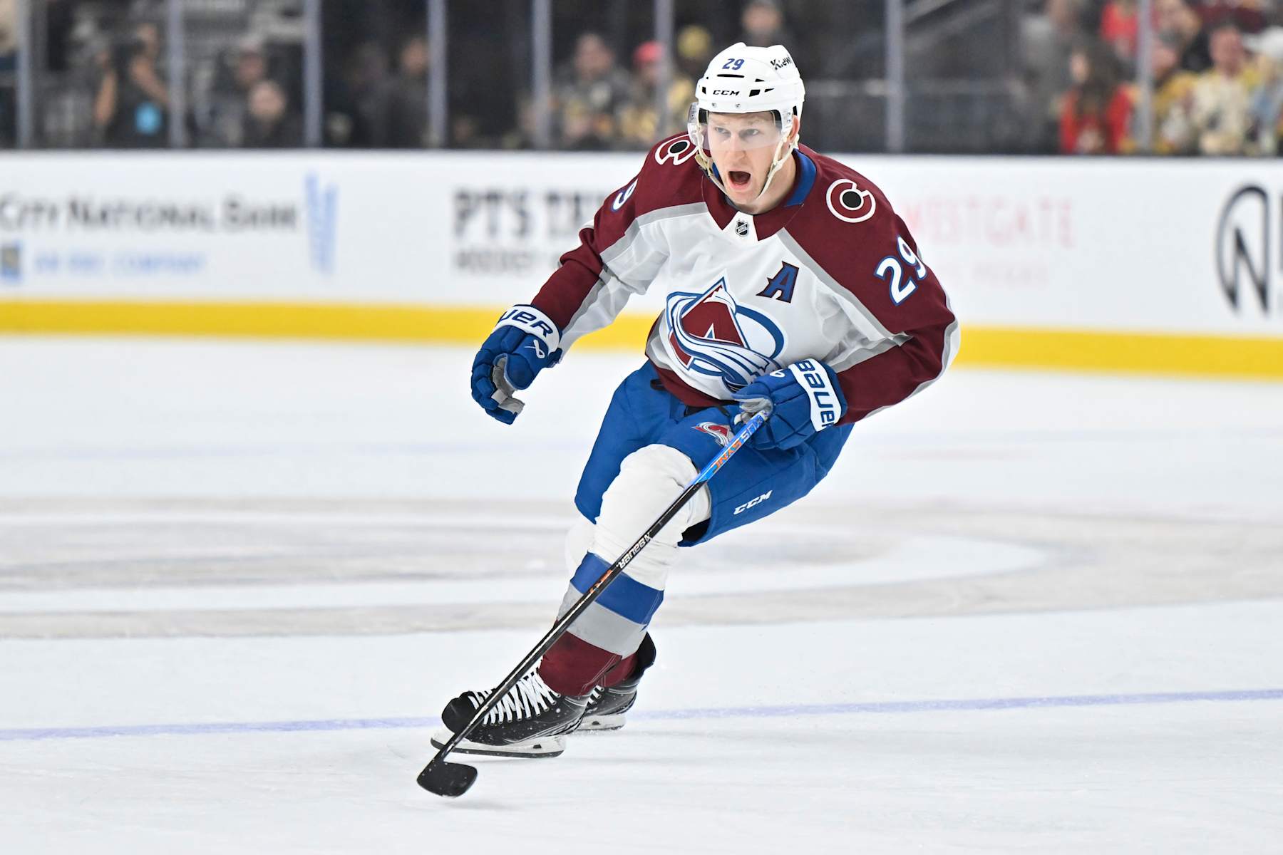 LAS VEGAS, NEVADA - OCTOBER 03: Nathan MacKinnon #29 of the Colorado Avalanche skates during the first period against the Vegas Golden Knights at T-Mobile Arena on October 03, 2024 in Las Vegas, Nevada.  (Photo by David Becker/NHLI via Getty Images)