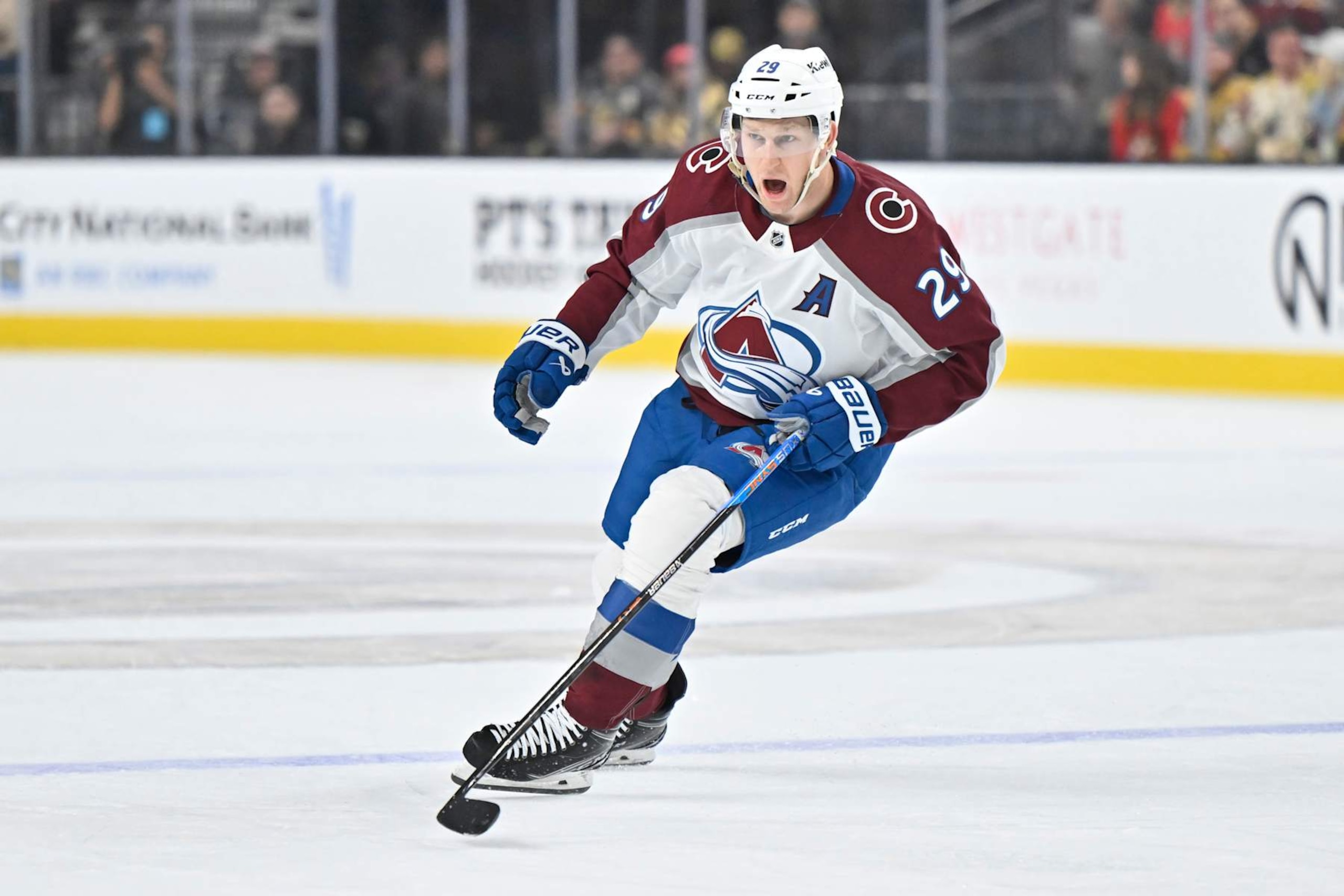 LAS VEGAS, NEVADA - OCTOBER 03: Nathan MacKinnon #29 of the Colorado Avalanche skates during the first period against the Vegas Golden Knights at T-Mobile Arena on October 03, 2024 in Las Vegas, Nevada.  (Photo by David Becker/NHLI via Getty Images)