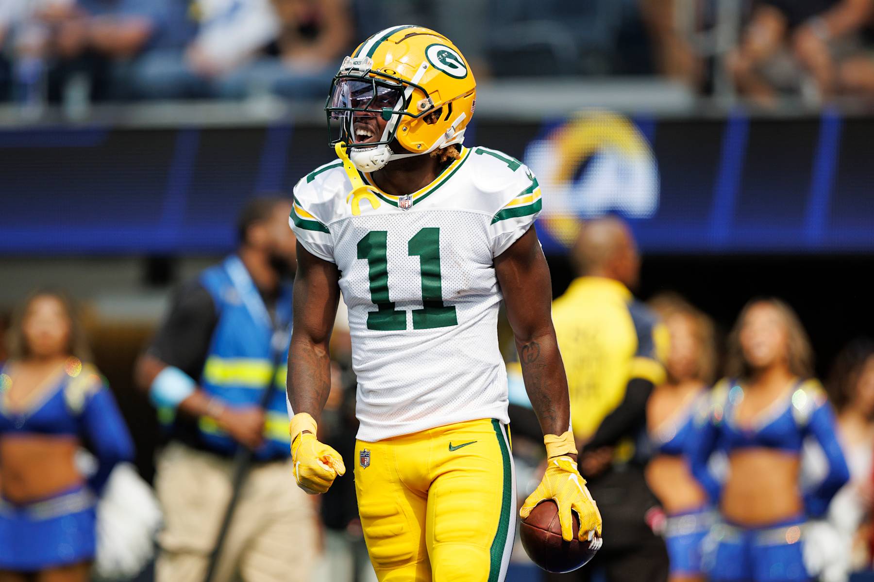 INGLEWOOD, CA - OCTOBER 6: Wide receiver Jayden Reed #11 of the Green Bay Packers celebrates during the first half of an NFL football game against the Los Angeles Rams at SoFi Stadium on October 6, 2024 in Inglewood, California. (Photo by Brooke Sutton/Getty Images)