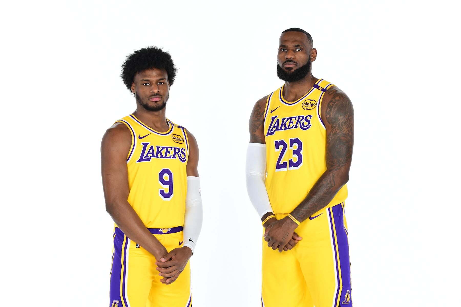 EL SEGUNDO, CA - SEPTEMBER 30: Bronny James #9 and LeBron James #23 of the Los Angeles Lakers pose for a portrait during NBA Media Day on September 30, 2024 at UCLA Health Training Center in El Segundo, California. NOTE TO USER: User expressly acknowledges and agrees that, by downloading and or using this photograph, User is consenting to the terms and conditions of the Getty Images License Agreement. Mandatory Copyright Notice: Copyright 2024 NBAE (Photo by Adam Pantozzi/NBAE via Getty Images)