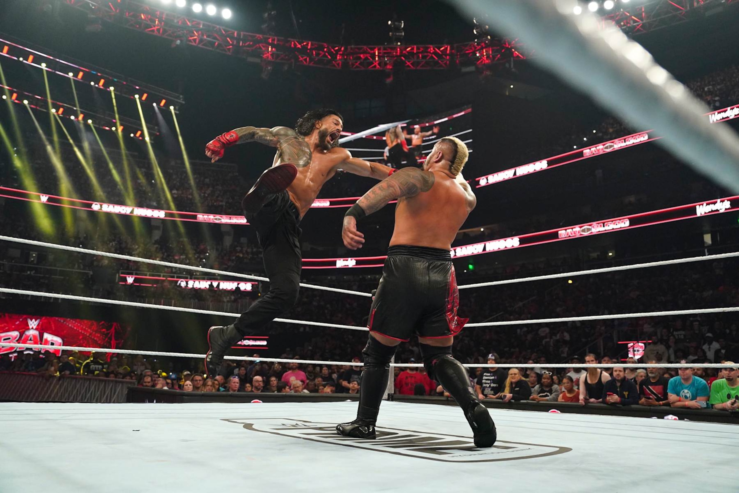 ATLANTA, GEORGIA - OCTOBER 5: Roman Reigns in action against Solo Sikoa during Bad Blood at State Farm Arena on October 5, 2024 in Atlanta, Georgia.  (Photo by WWE/Getty Images)