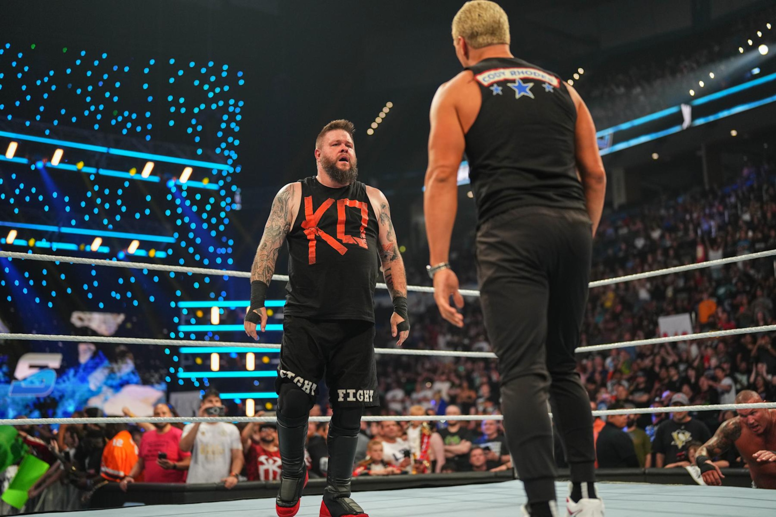 OKLAHOMA CITY, OKLAHOMA - SEPTEMBER 27: Kevin Owens and Cody Rhodes face off during WWE SmackDown at Paycom Center on September 27, 2024 in Oklahoma City, Oklahoma.  (Photo by WWE/Getty Images)