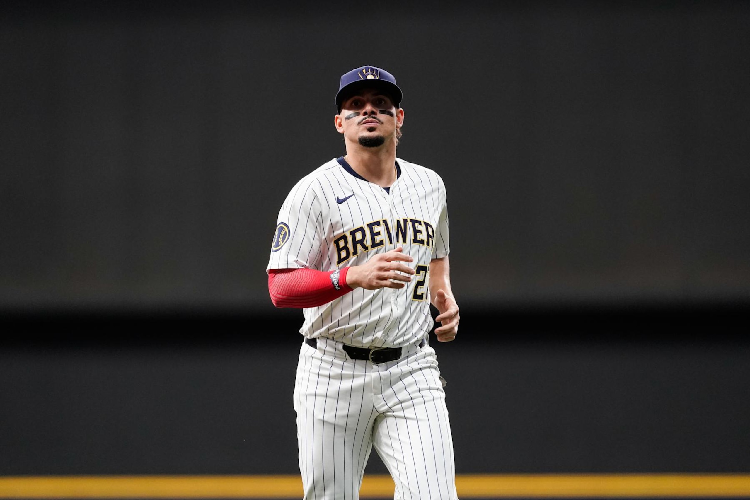 MILWAUKEE, WI - OCTOBER 02: Willy Adames #27 of the Milwaukee Brewers warms up prior to during Game 2 of the Wild Card Series presented by T-Mobile 5G Home Internet between the New York Mets and the Milwaukee Brewers at American Family Field on Wednesday, October 2, 2024 in Milwaukee, Wisconsin. (Photo by Aaron Gash/MLB Photos via Getty Images)