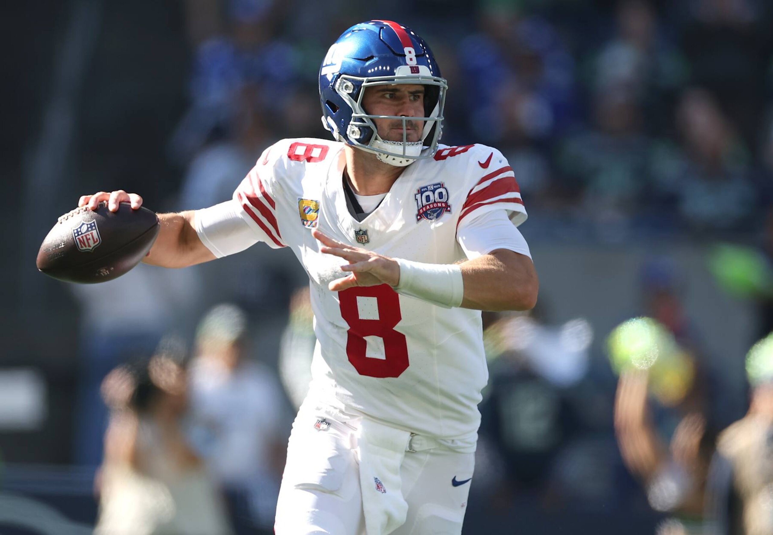 SEATTLE, WASHINGTON - OCTOBER 06: Quarterback Daniel Jones #8 of the New York Giants looks to pass during the first half of a game against the Seattle Seahawks at Lumen Field on October 06, 2024 in Seattle, Washington. (Photo by Steph Chambers/Getty Images) SEATTLE, WASHINGTON - OCTOBER 06: Quarterback Daniel Jones #8 of the New York Giants looks to pass during the first half of a game against the Seattle Seahawks at Lumen Field on October 06, 2024 in Seattle, Washington. (Photo by Steph Chambers/Getty Images)