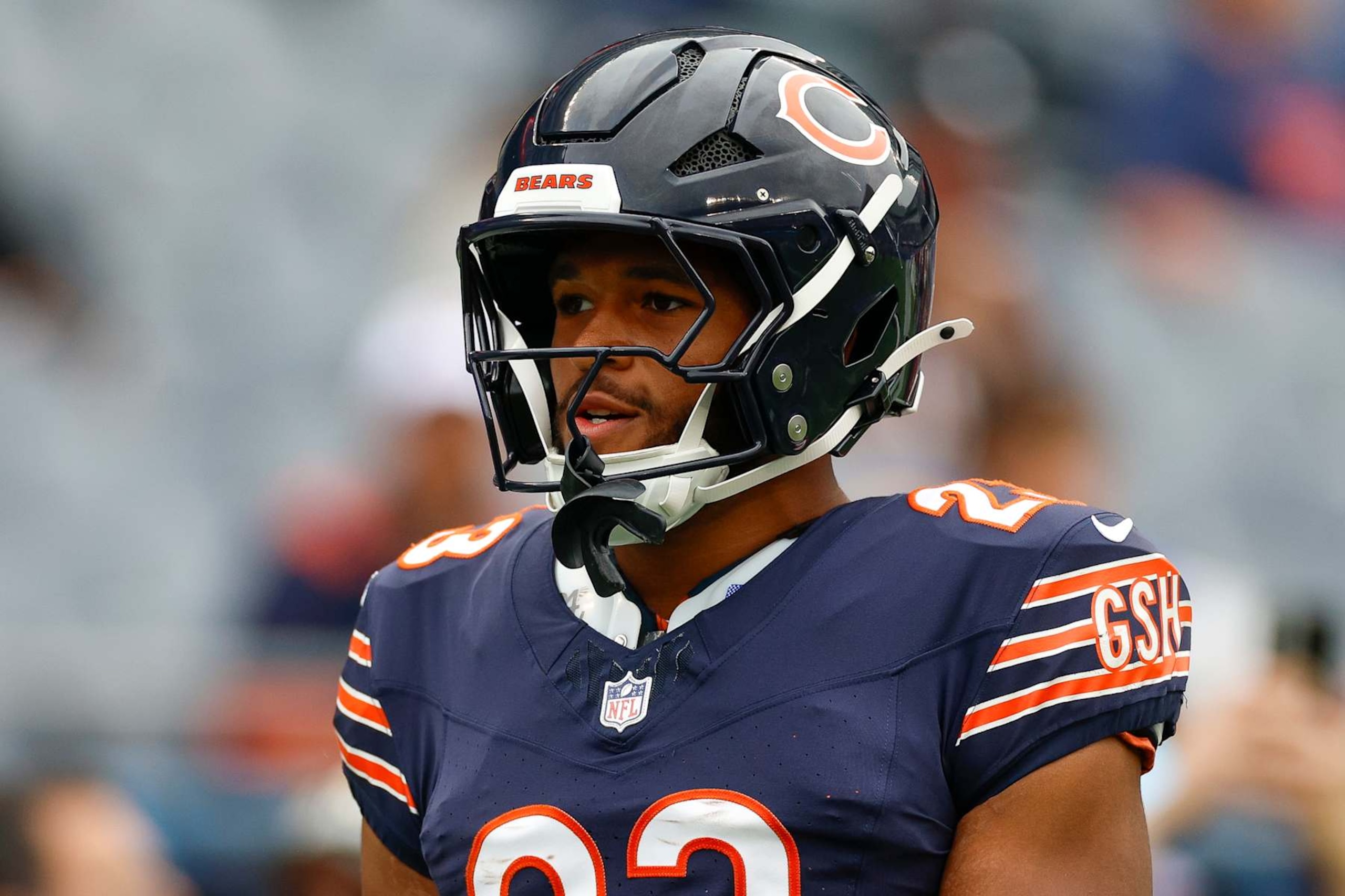 CHICAGO, ILLINOIS - SEPTEMBER 29: Roschon Johnson #23 of the Chicago Bears warms up on the field prior to a game against the Los Angeles Rams at Soldier Field on September 29, 2024 in Chicago, Illinois. (Photo by Brandon Sloter/Getty Images) CHICAGO, ILLINOIS - SEPTEMBER 29: Roschon Johnson #23 of the Chicago Bears warms up on the field prior to a game against the Los Angeles Rams at Soldier Field on September 29, 2024 in Chicago, Illinois. (Photo by Brandon Sloter/Getty Images)
