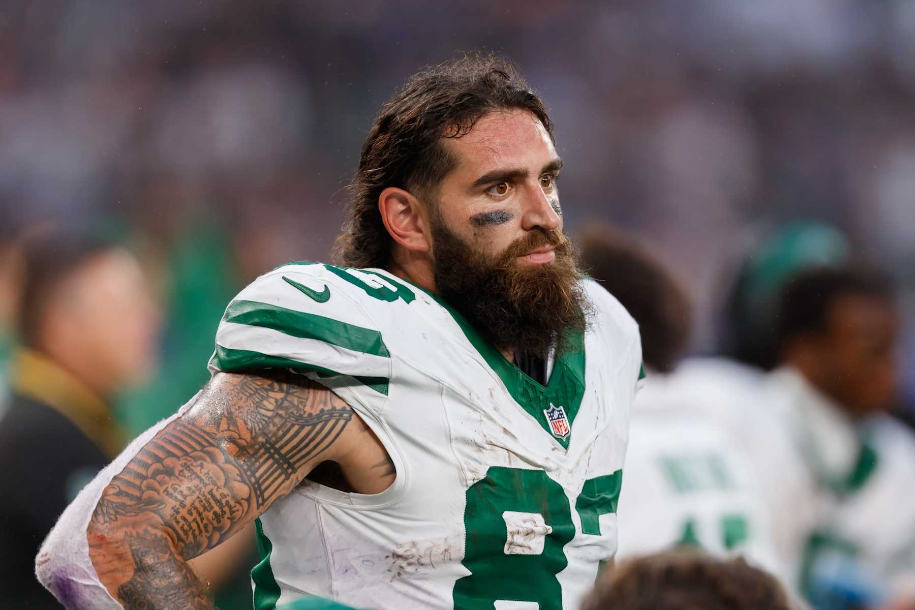 London, United Kingdom - October 6: Tyler Conklin of New York Jets looks on during the NFL match between New York Jets and Minnesota Vikings at Tottenham Hotspur Stadium on October 6, 2024 in London, England. (Photo by Mario Hommes/DeFodi Images via Getty Images)