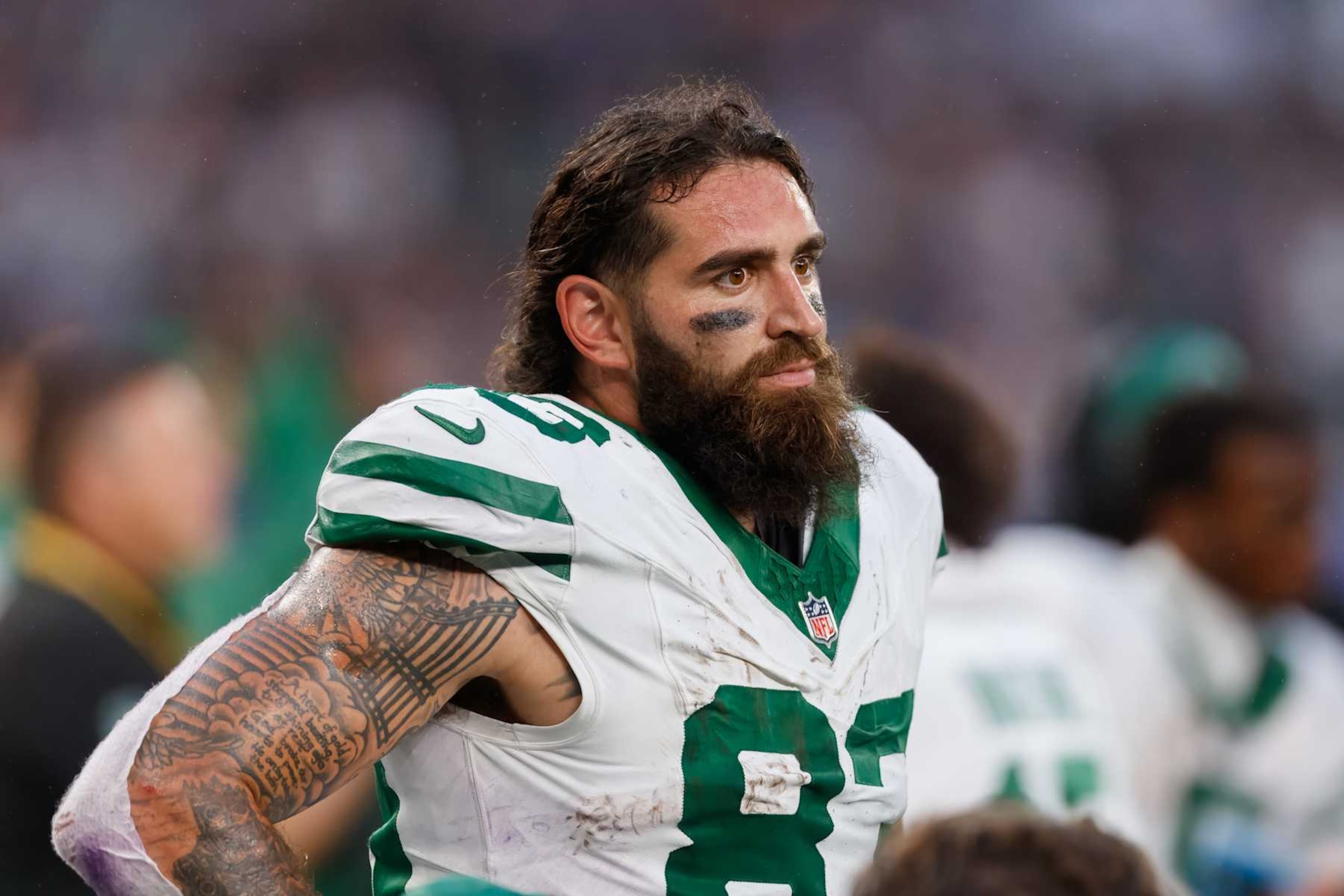 London, United Kingdom - October 6: Tyler Conklin of New York Jets looks on during the NFL match between New York Jets and Minnesota Vikings at Tottenham Hotspur Stadium on October 6, 2024 in London, England. (Photo by Mario Hommes/DeFodi Images via Getty Images) London, United Kingdom - October 6: Tyler Conklin of New York Jets looks on during the NFL match between New York Jets and Minnesota Vikings at Tottenham Hotspur Stadium on October 6, 2024 in London, England. (Photo by Mario Hommes/DeFodi Images via Getty Images)