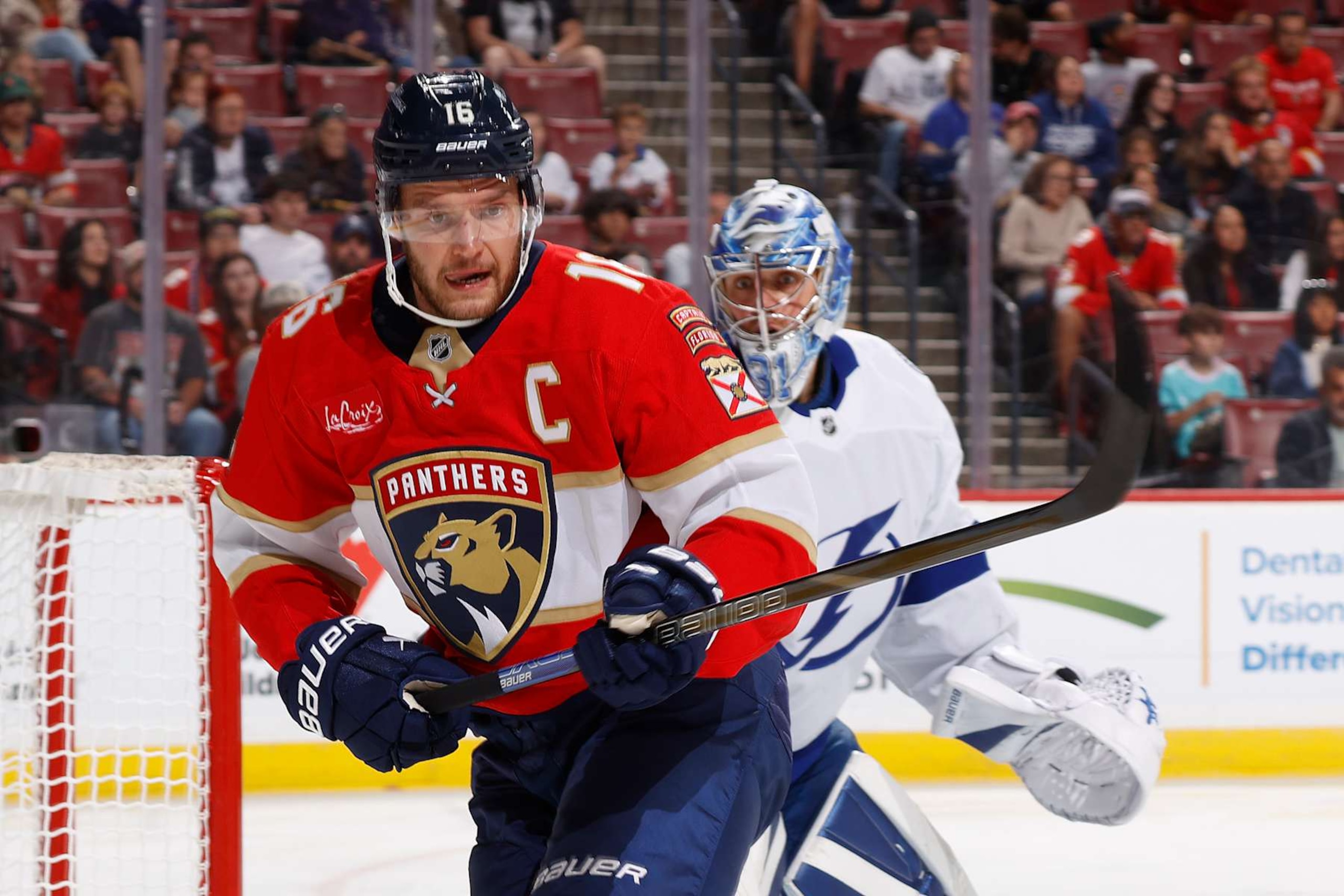SUNRISE, FL - SEPTEMBER 30: Aleksander Barkov #16 of the Florida Panthers waits for a pass next to goaltender Jonas Johansson #31 the Tampa Bay Lightning during a preseason game at the Amerant Bank Arena on September 30, 2024 in Sunrise, Florida. (Photo by Joel Auerbach/Getty Images) SUNRISE, FL - SEPTEMBER 30: Aleksander Barkov #16 of the Florida Panthers waits for a pass next to goaltender Jonas Johansson #31 the Tampa Bay Lightning during a preseason game at the Amerant Bank Arena on September 30, 2024 in Sunrise, Florida. (Photo by Joel Auerbach/Getty Images)