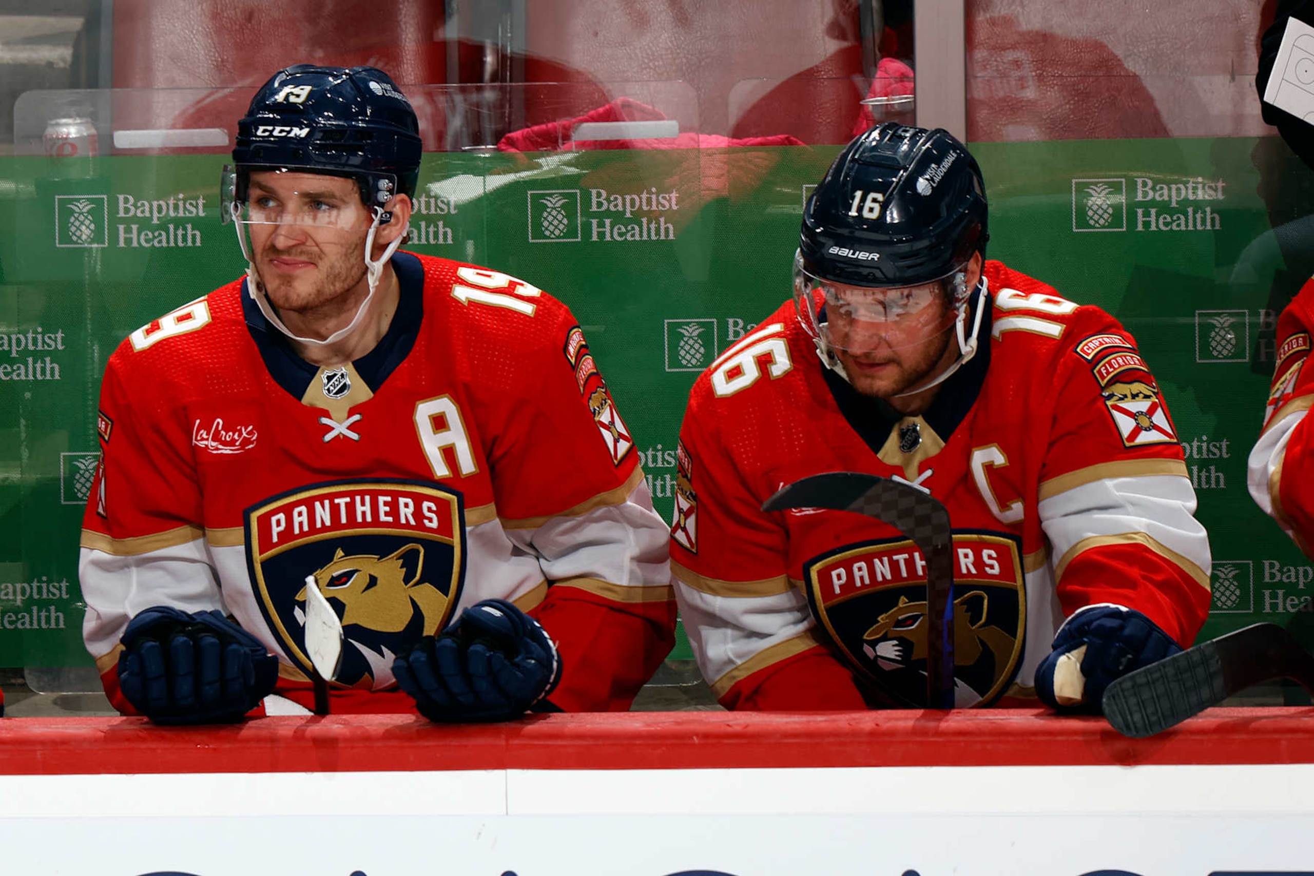 SUNRISE, FL - DECEMBER 21: Matthew Tkachuk #19 and Aleksander Barkov #16 of the Florida Panthers look during third period action against the St Louis Blues at the Amerant Bank Arena on December 21, 2023 in Sunrise, Florida. (Photo by Joel Auerbach/Getty Images) SUNRISE, FL - DECEMBER 21: Matthew Tkachuk #19 and Aleksander Barkov #16 of the Florida Panthers look during third period action against the St Louis Blues at the Amerant Bank Arena on December 21, 2023 in Sunrise, Florida. (Photo by Joel Auerbach/Getty Images)