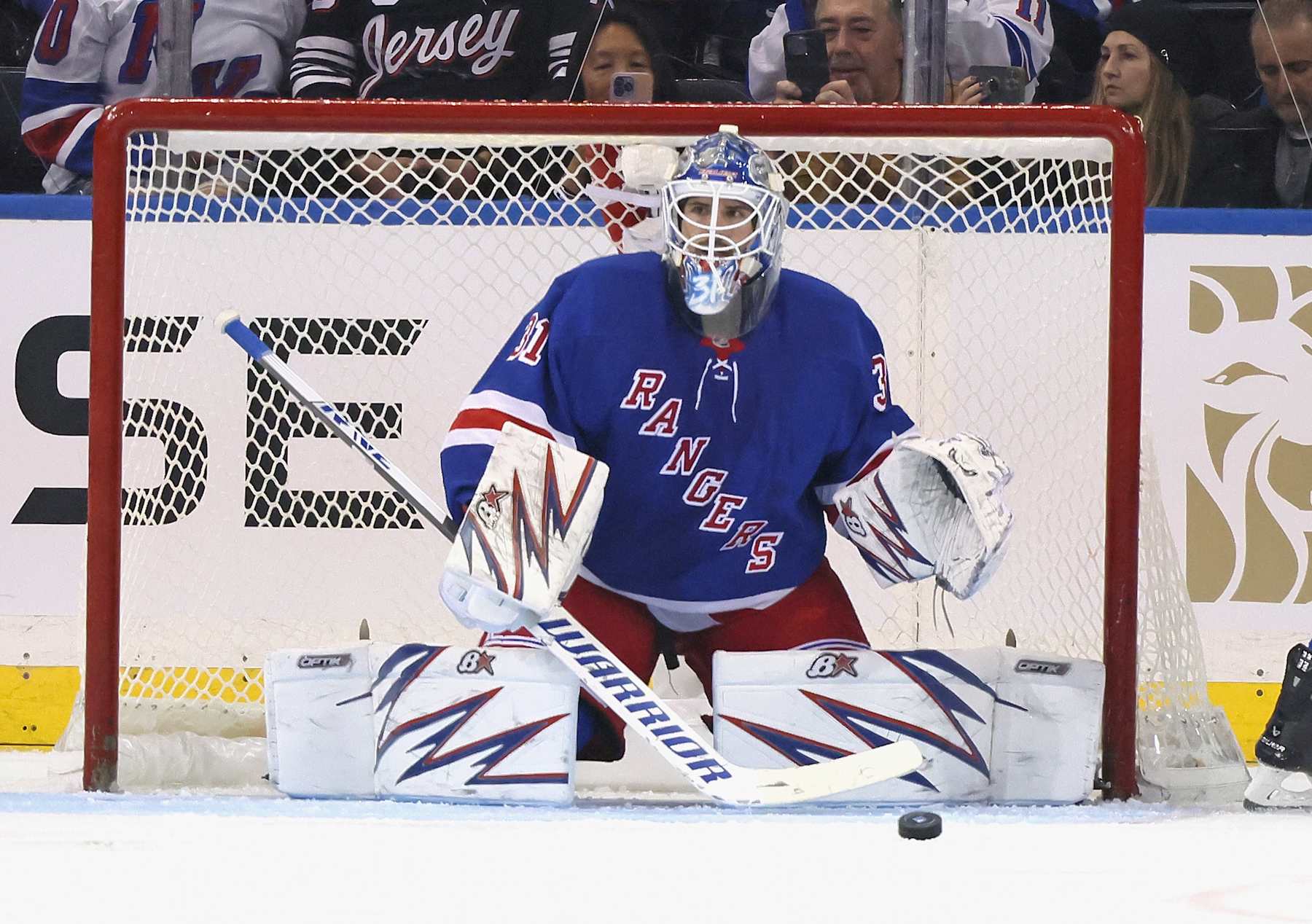 NEW YORK, NEW YORK - OCTOBER 01: Igor Shesterkin #31 of the New York Rangers  skates against the New Jersey Devils at Madison Square Garden on October 01, 2024 in New York City. (Photo by Bruce Bennett/Getty Images)