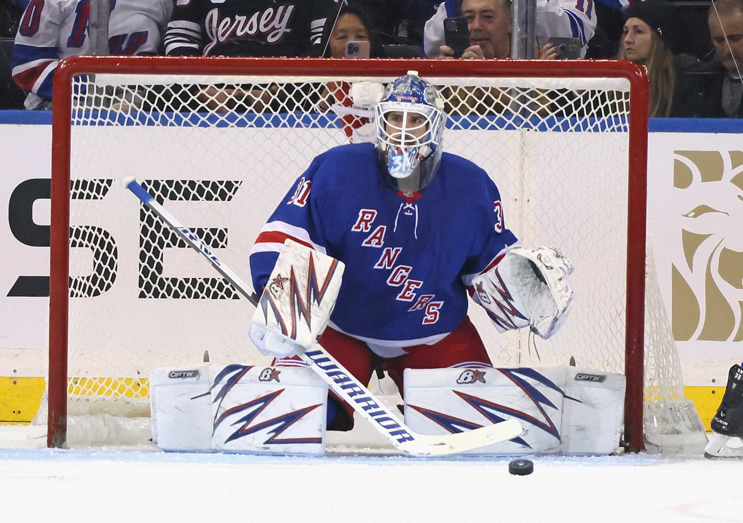 NEW YORK, NEW YORK - OCTOBER 01: Igor Shesterkin #31 of the New York Rangers skates against the New Jersey Devils at Madison Square Garden on October 01, 2024 in New York City. (Photo by Bruce Bennett/Getty Images) NEW YORK, NEW YORK - OCTOBER 01: Igor Shesterkin #31 of the New York Rangers skates against the New Jersey Devils at Madison Square Garden on October 01, 2024 in New York City. (Photo by Bruce Bennett/Getty Images)