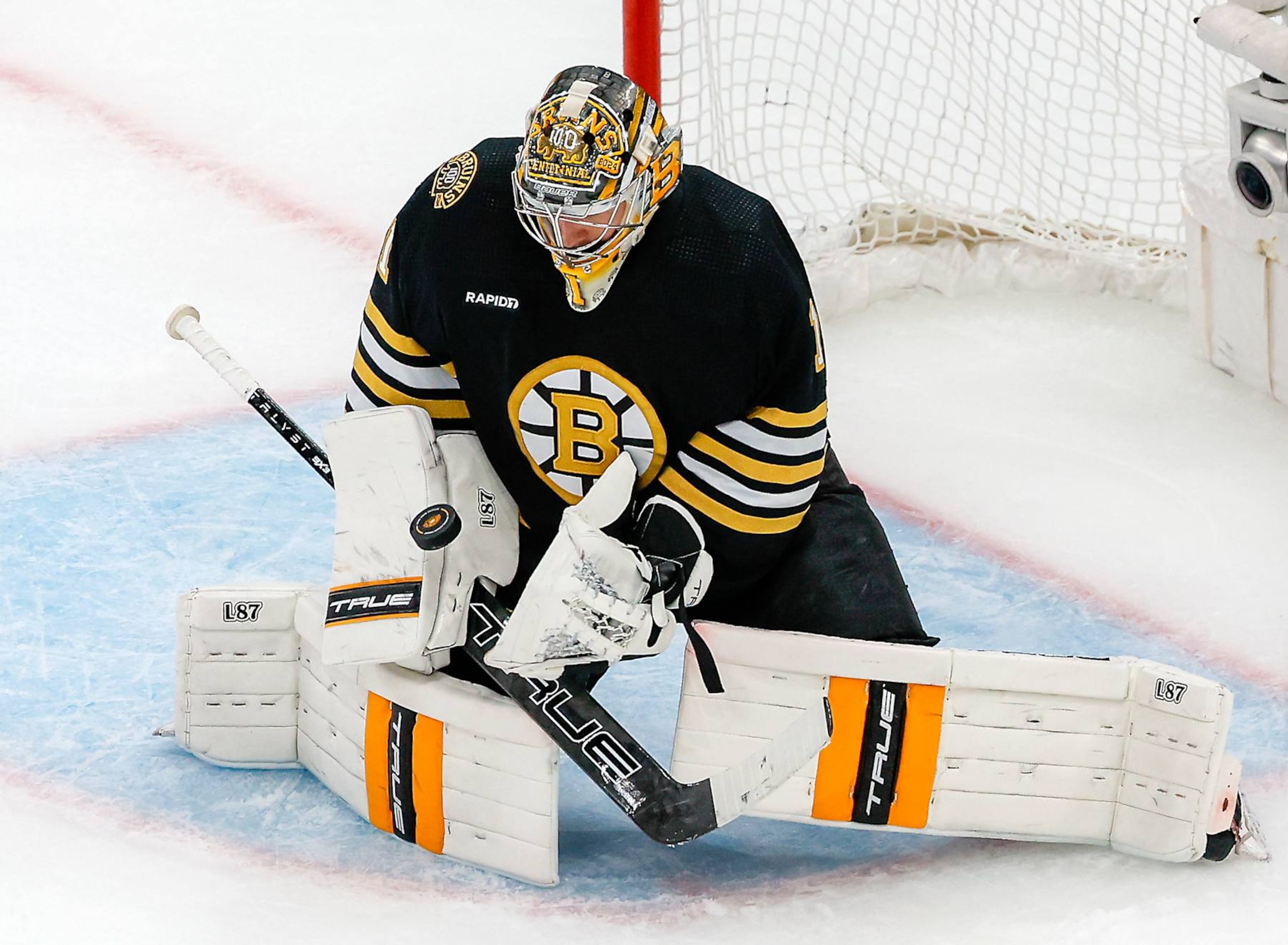 Boston, MA - May 17: Boston Bruins goalie Jeremy Swayman makes a save against the Florida Panthers in the second period. (Photo by Matthew J. Lee/The Boston Globe via Getty Images) Boston, MA - May 17: Boston Bruins goalie Jeremy Swayman makes a save against the Florida Panthers in the second period. (Photo by Matthew J. Lee/The Boston Globe via Getty Images)