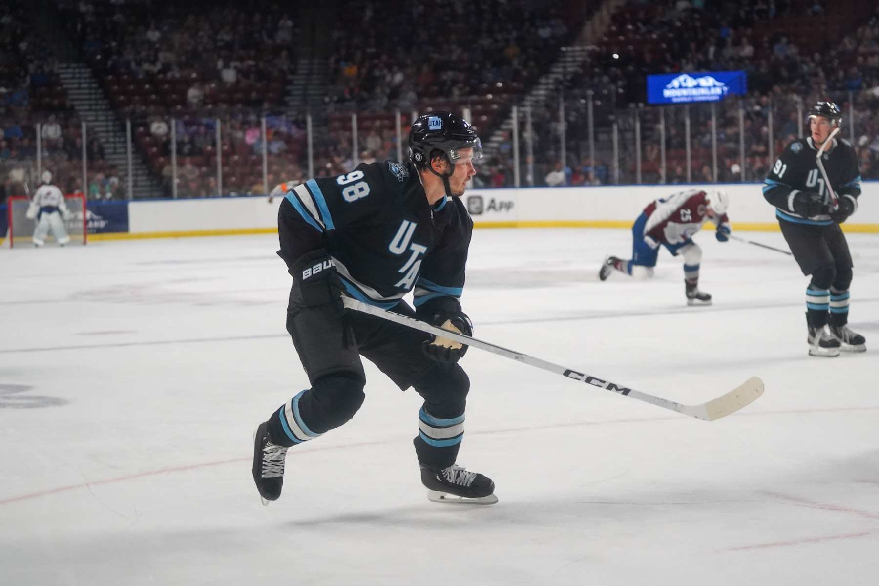 WEST VALLEY CITY, UT - OCTOBER 05: Defensemen Mikhail Sergachev (98) of the Utah Hockey Club skates towards play during the third period of a preseason hockey game between the Colorado Avalanche and Utah Hockey Club on October 05, 2024, at the Maverik Center in West Valley City, UT. (Photo by Aaron Baker/Icon Sportswire via Getty Images)