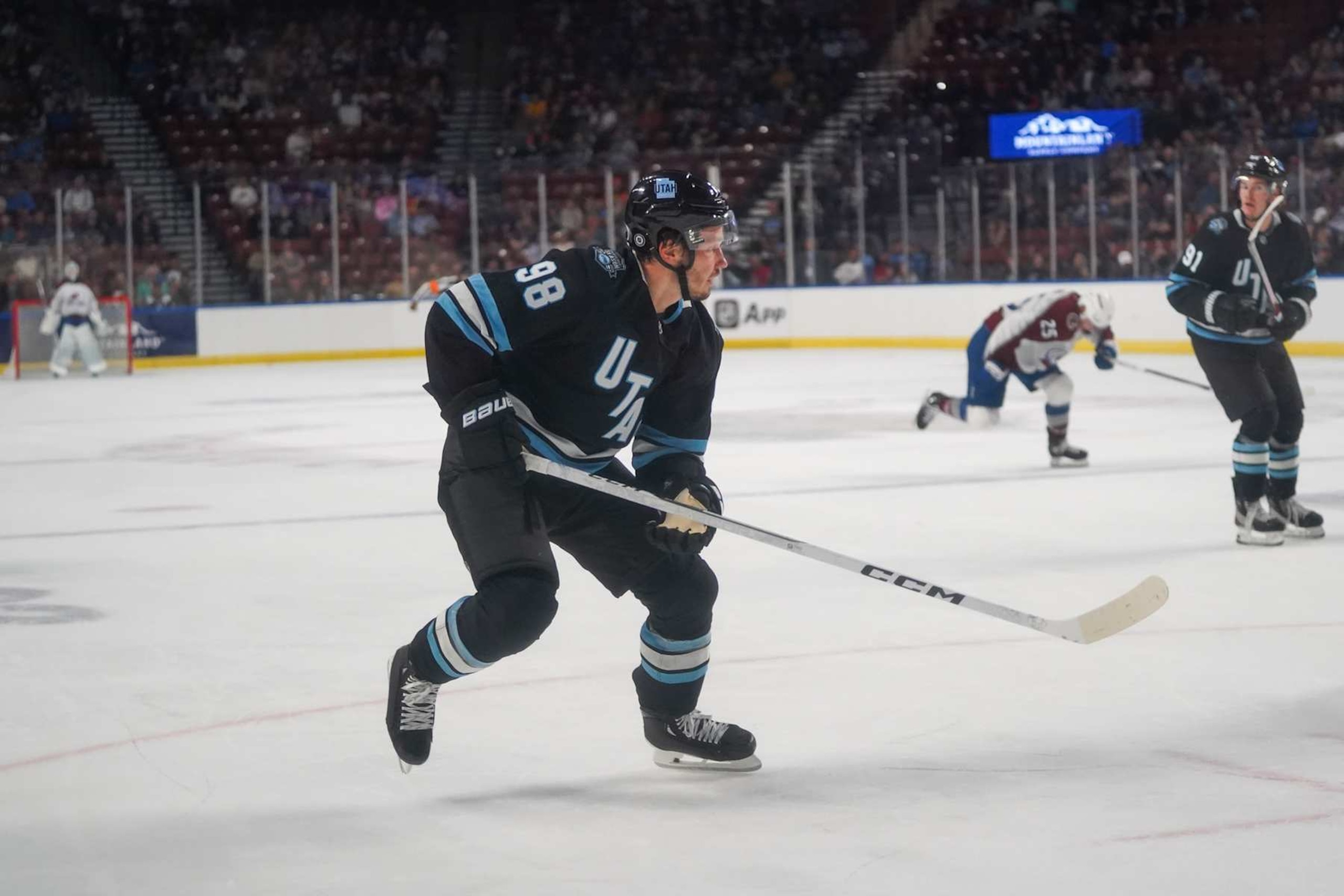 WEST VALLEY CITY, UT - OCTOBER 05: Defensemen Mikhail Sergachev (98) of the Utah Hockey Club skates towards play during the third period of a preseason hockey game between the Colorado Avalanche and Utah Hockey Club on October 05, 2024, at the Maverik Center in West Valley City, UT. (Photo by Aaron Baker/Icon Sportswire via Getty Images) WEST VALLEY CITY, UT - OCTOBER 05: Defensemen Mikhail Sergachev (98) of the Utah Hockey Club skates towards play during the third period of a preseason hockey game between the Colorado Avalanche and Utah Hockey Club on October 05, 2024, at the Maverik Center in West Valley City, UT. (Photo by Aaron Baker/Icon Sportswire via Getty Images)