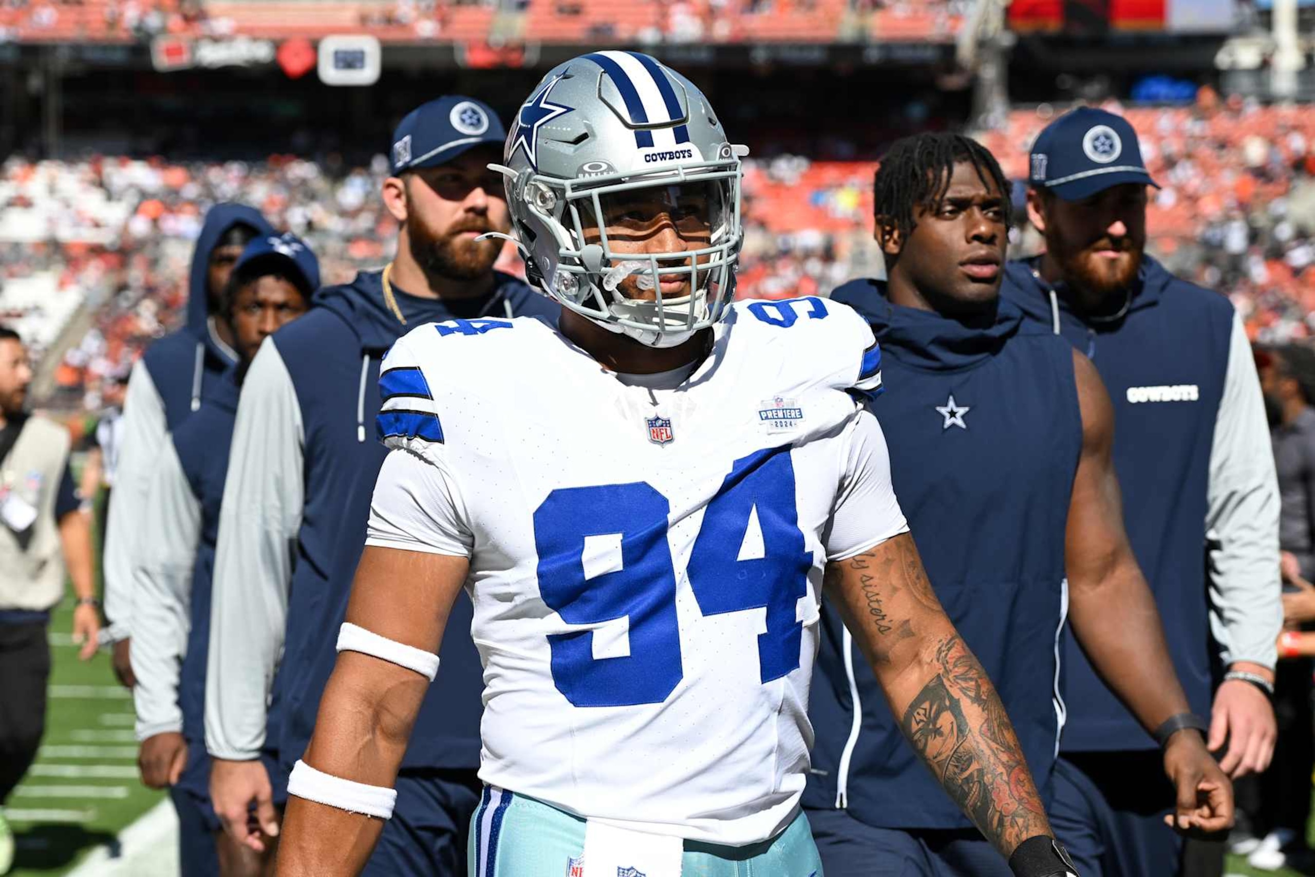 CLEVELAND, OHIO - SEPTEMBER 08: Marshawn Kneeland #94 of the Dallas Cowboys walks off the field prior to a game against the Cleveland Browns at Huntington Bank Field on September 08, 2024 in Cleveland, Ohio. (Photo by Nick Cammett/Diamond Images via Getty Images)