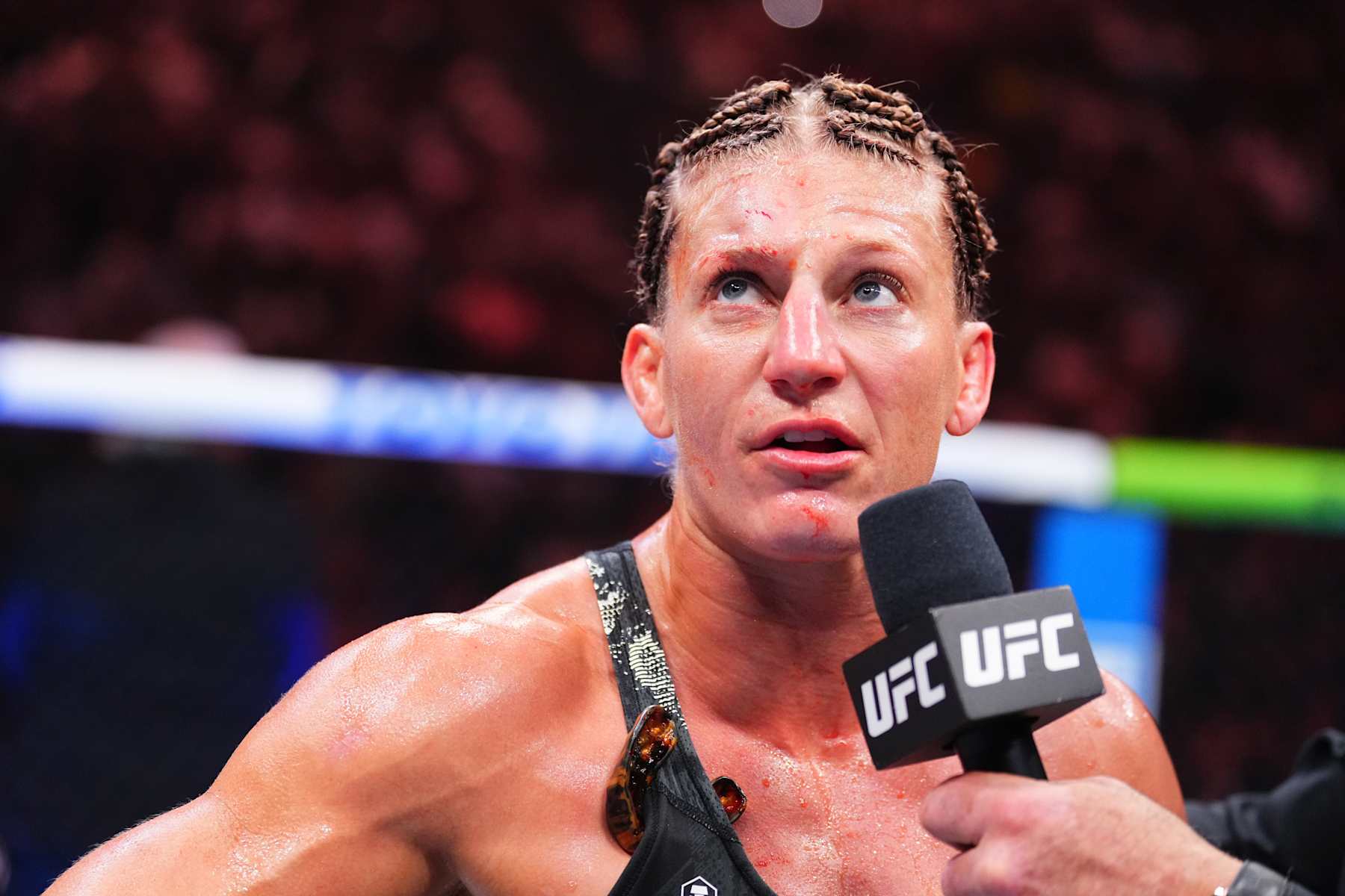 SALT LAKE CITY, UTAH - OCTOBER 05: Kayla Harrison reacts after a victory against Ketlen Vieira of Brazil in a bantamweight fight during the UFC 307 event at Delta Center on October 05, 2024 in Salt Lake City, Utah. (Photo by Jeff Bottari/Zuffa LLC)