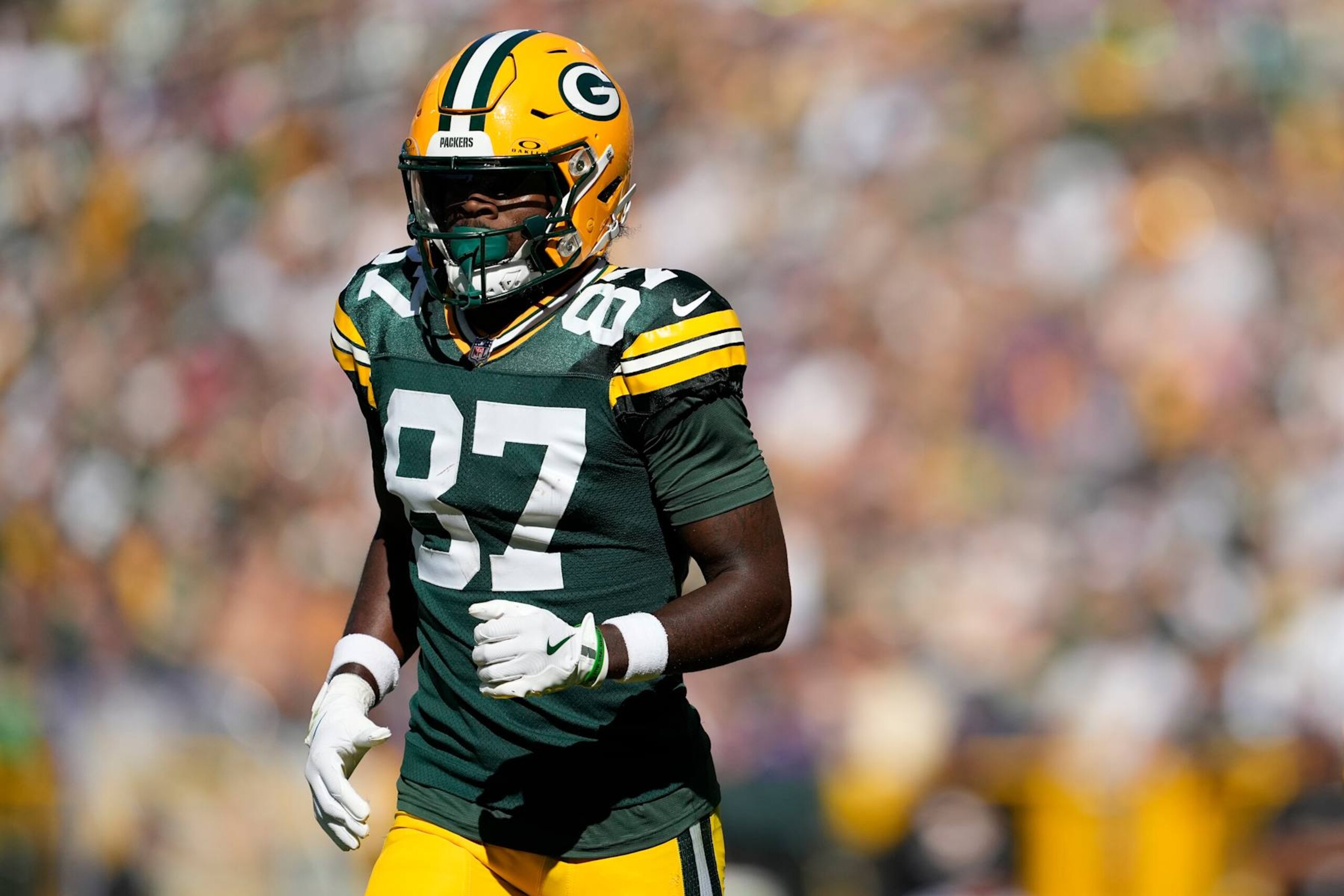 GREEN BAY, WISCONSIN - SEPTEMBER 29: Romeo Doubs #87 of the Green Bay Packers in action against the Minnesota Vikings in the second half at Lambeau Field on September 29, 2024 in Green Bay, Wisconsin. (Photo by Patrick McDermott/Getty Images)
