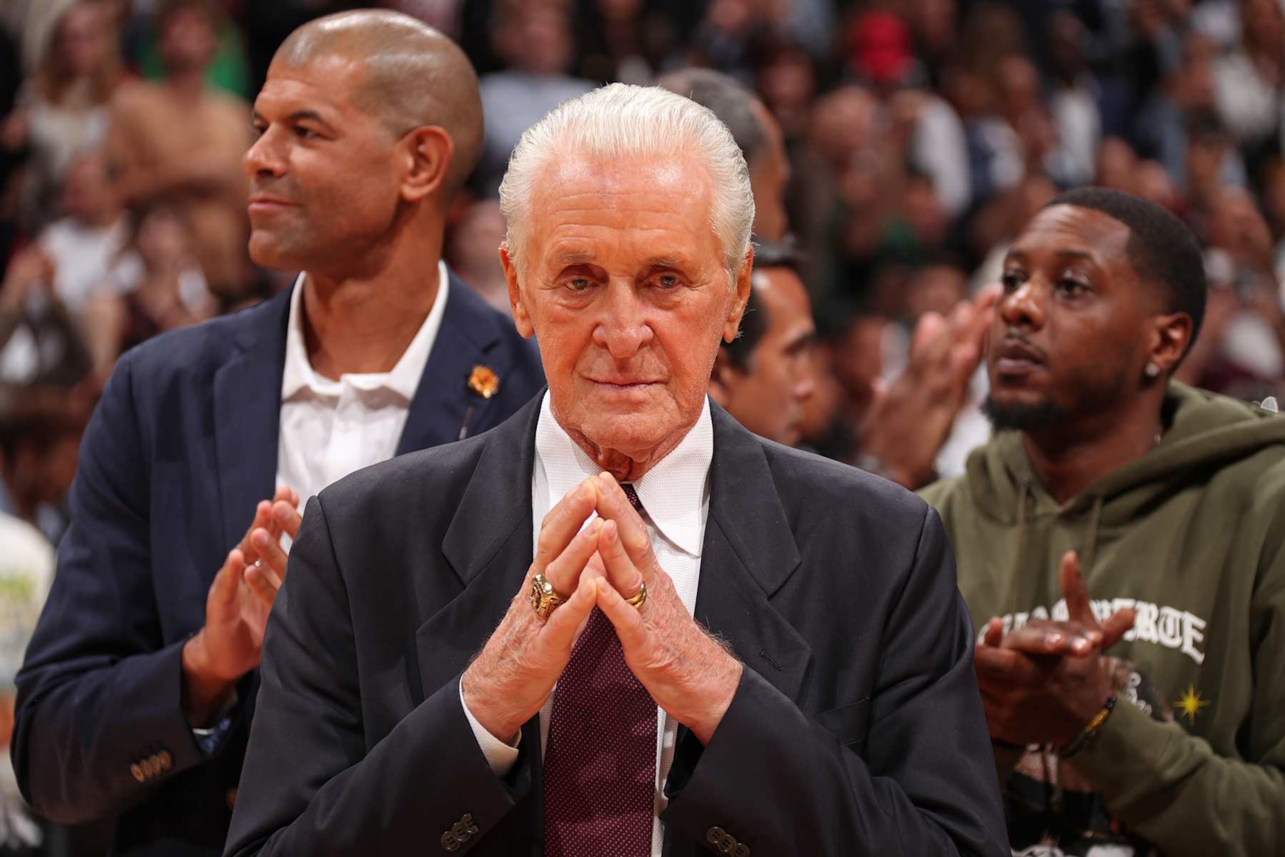 MIAMI, FL - JANUARY 19:  Pat Riley looks on during Udonis Haslem jersey Retirement on January 19, 2024 at Kaseya Center in Miami, Florida. NOTE TO USER: User expressly acknowledges and agrees that, by downloading and or using this Photograph, user is consenting to the terms and conditions of the Getty Images License Agreement. Mandatory Copyright Notice: Copyright 2024 NBAE (Photo by Issac Baldizon/NBAE via Getty Images)