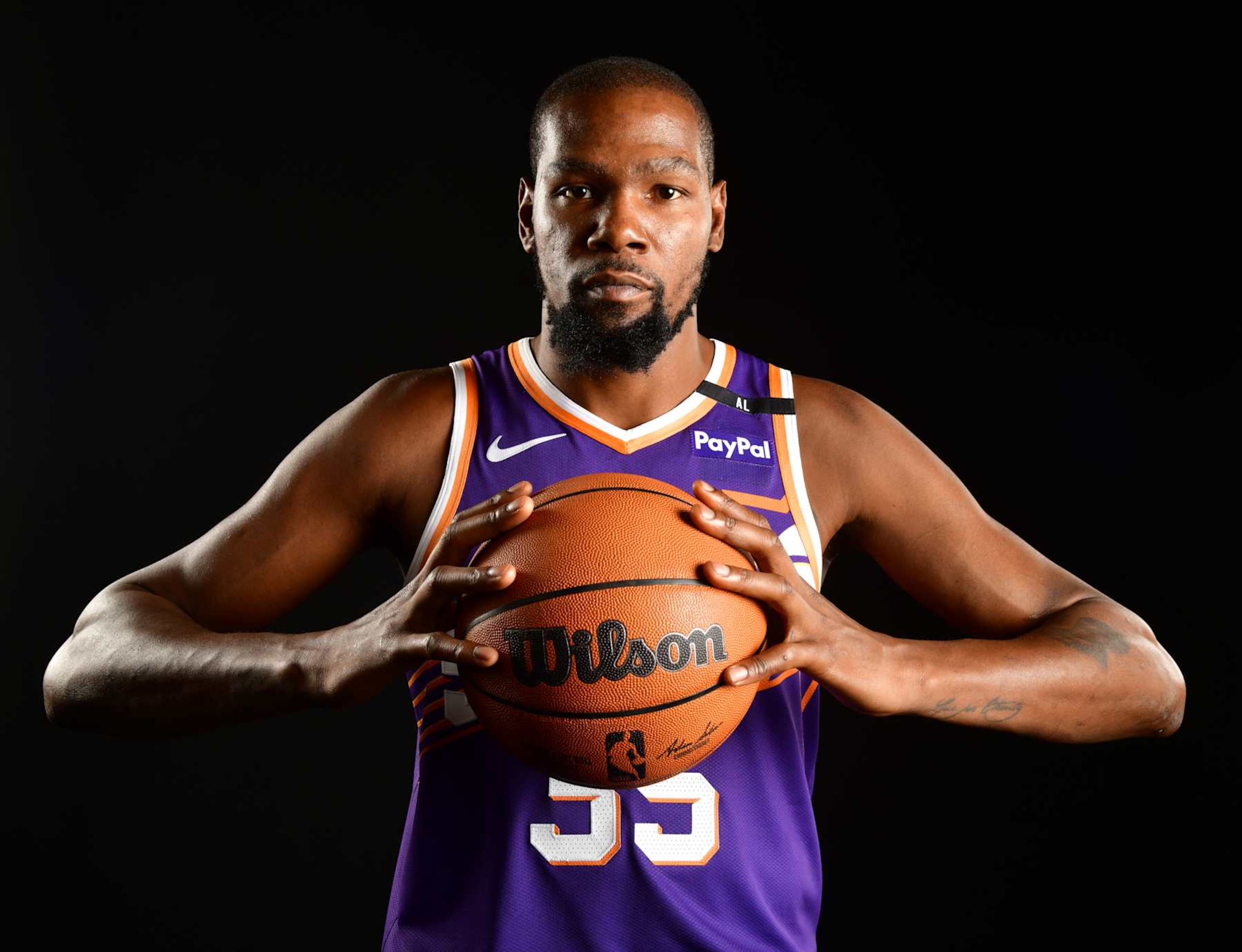 PHOENIX, AZ - SEPTEMBER 30: Kevin Durant #35 of the Phoenix Suns poses for a portrait during NBA Media Day on September 30, 2024 at the Footprint Center in Phoenix, Arizona. NOTE TO USER: User expressly acknowledges and agrees that, by downloading and or using this photograph, user is consenting to the terms and conditions of the Getty Images License Agreement.  Mandatory Copyright Notice: Copyright 2024 NBAE (Photo by Barry Gossage/NBAE via Getty Images)