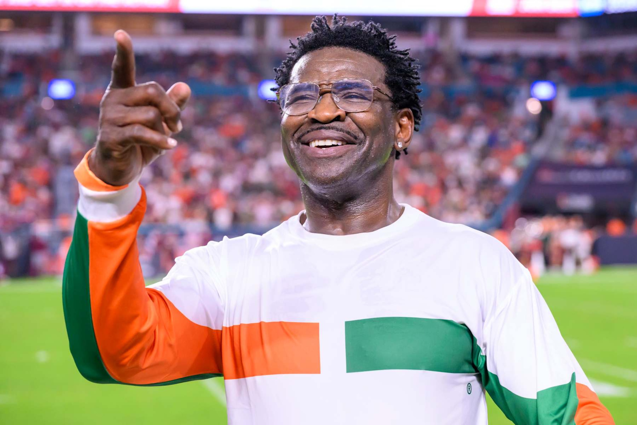 MIAMI GARDENS, FL - SEPTEMBER 27: Former NFL and Miami player Michael Irvin smiles on the sidelines during the college football game between the Virginia Tech Hokies and the University of Miami Hurricanes on September 27, 2024 at the Hard Rock Stadium in Miami Gardens, FL. (Photo by Doug Murray/Icon Sportswire via Getty Images)