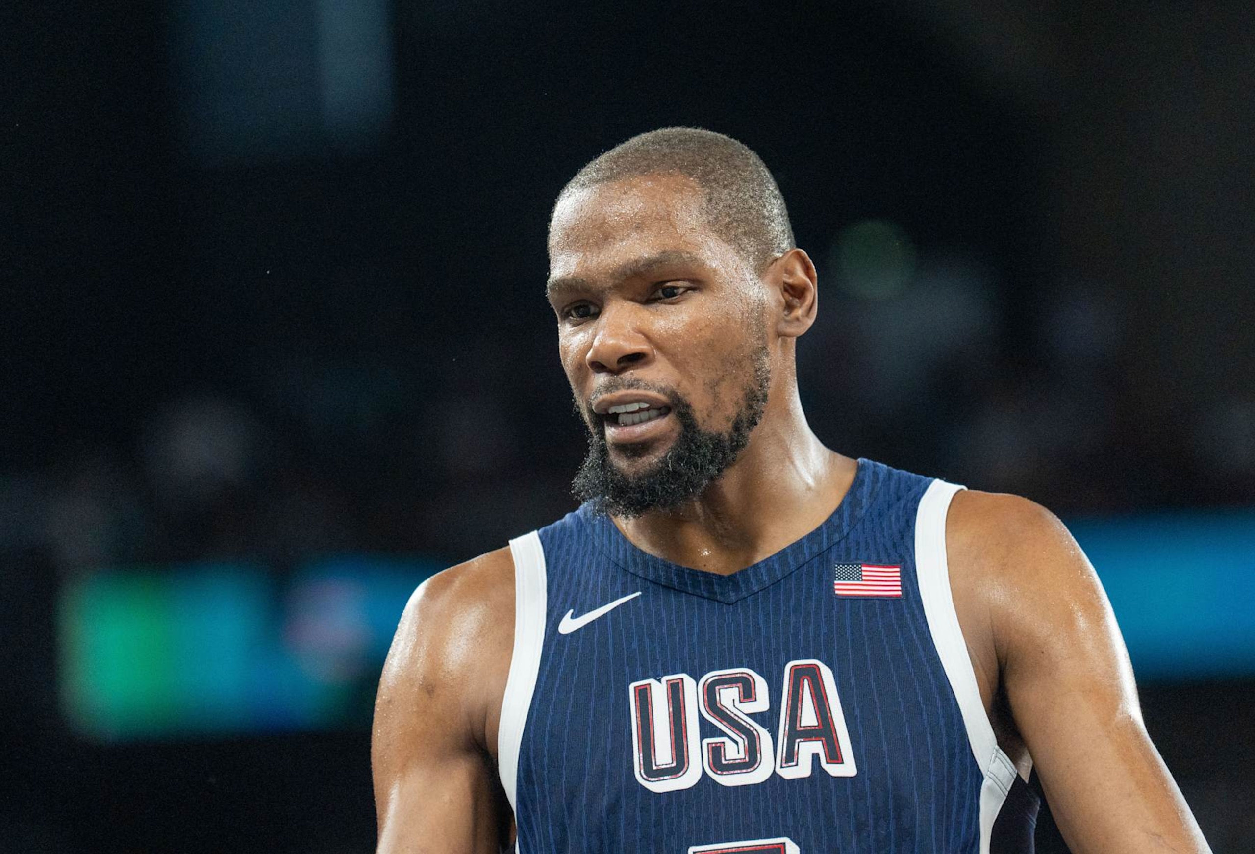 PARIS, FRANCE - AUGUST 10: Kevin Durant of US in action during Men's Gold Medal game between Team France and Team United States on day fifteen of the Olympic Games Paris 2024 at Bercy Arena on August 10, 2024 in Paris, France. (Photo by Aytac Unal/Anadolu via Getty Images)