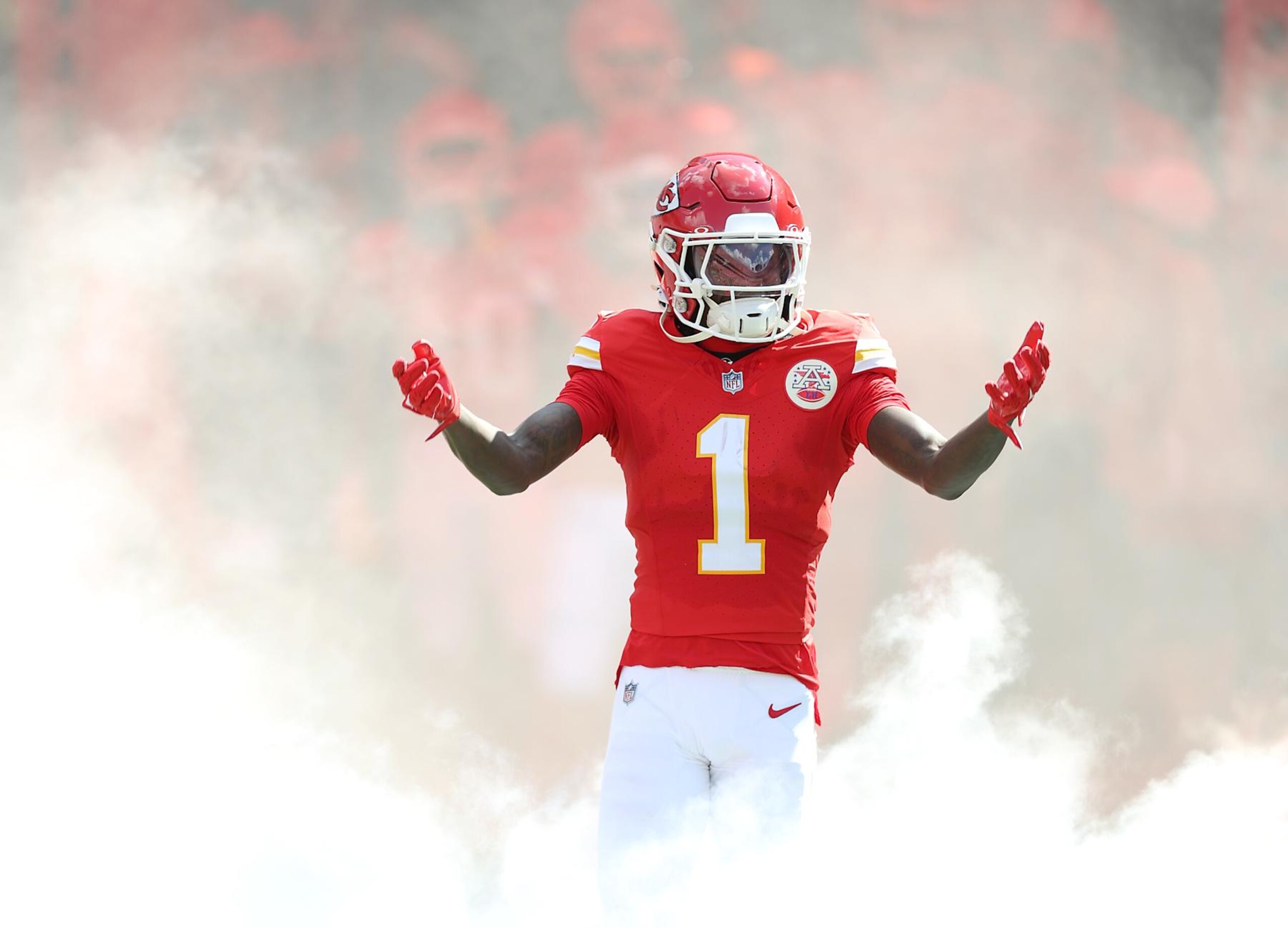 KANSAS CITY, MISSOURI - SEPTEMBER 15:  Xavier Worthy #1 of the Kansas City Chiefs takes the field prior to the game against the Cincinnati Bengals at GEHA Field at Arrowhead Stadium on September 15, 2024 in Kansas City, Missouri. (Photo by Jamie Squire/Getty Images)