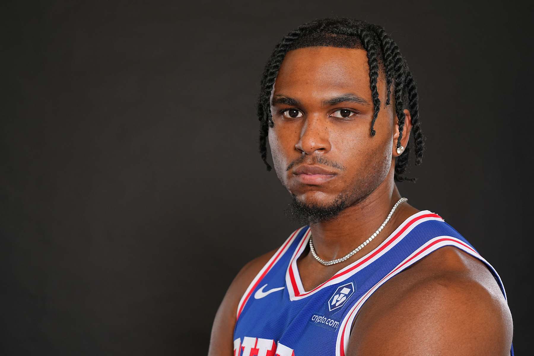 CAMDEN, NEW JERSEY - SEPTEMBER 30: Ricky Council IV #14 of the Philadelphia 76ers poses for a picture at media day at 76ers Training Complex on September 30, 2024 in Camden, New Jersey. NOTE TO USER: User expressly acknowledges and agrees that, by downloading and or using this photograph, User is consenting to the terms and conditions of the Getty Images License Agreement. (Photo by Mitchell Leff/Getty Images)