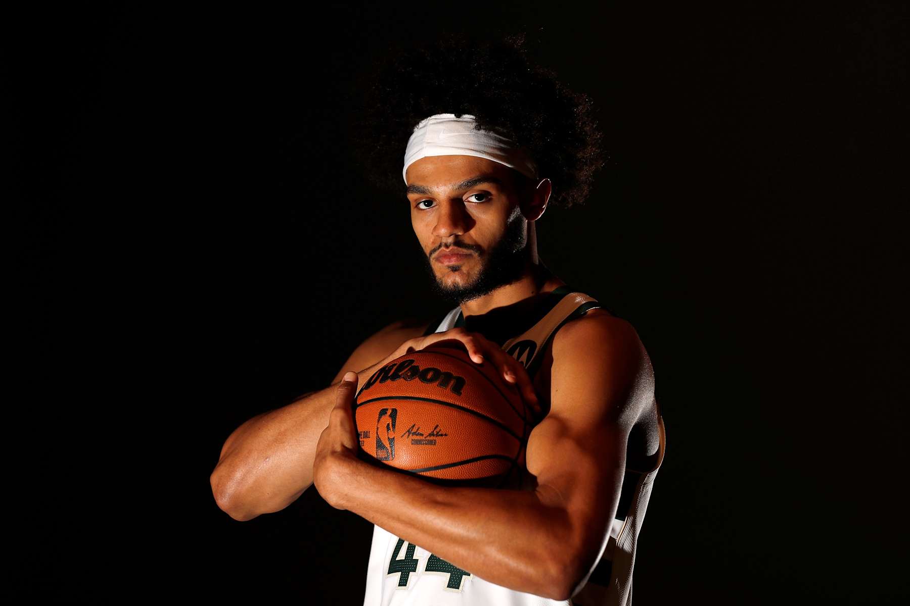 MILWAUKEE, WISCONSIN - SEPTEMBER 30: Andre Jackson Jr. #44 of the Milwaukee Bucks poses for a portrait during media day at the Fiserv Forum on September 30, 2024 in Milwaukee, Wisconsin.  NOTE TO USER: User expressly acknowledges and agrees that, by downloading and or using this photograph, User is consenting to the terms and conditions of the Getty Images License Agreement. (Photo by Stacy Revere/Getty Images)