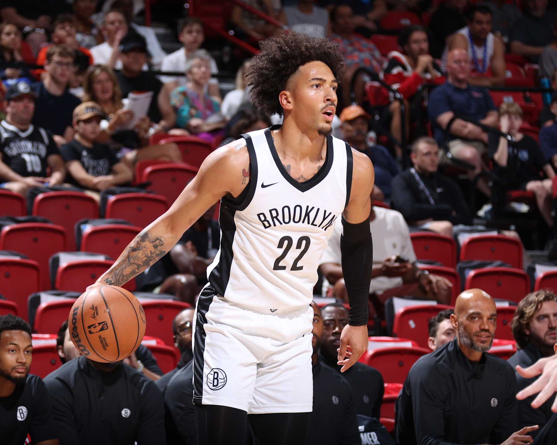 LAS VEGAS, NV - JULY 16:  Jalen Wilson #22 of the Brooklyn Nets handles the ball during the game on July 16, 2024 at the Thomas & Mack Center in Las Vegas, Nevada. NOTE TO USER: User expressly acknowledges and agrees that, by downloading and or using this photograph, User is consenting to the terms and conditions of the Getty Images License Agreement. Mandatory Copyright Notice: Copyright 2024 NBAE (Photo by Stephen Gosling/NBAE via Getty Images)