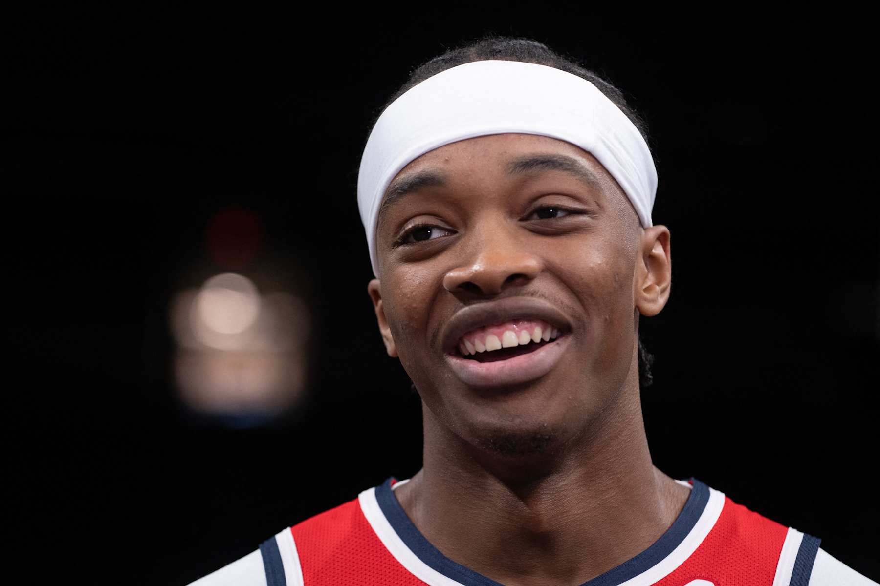 Bilal Coulibaly, French basketball player for the Washington Wizards, smiles during an interview at Wizards media day ahead of the NBA season at Capital One Arena in Washington, DC, September 30, 2024. (Photo by ROBERTO SCHMIDT / AFP) (Photo by ROBERTO SCHMIDT/AFP via Getty Images)