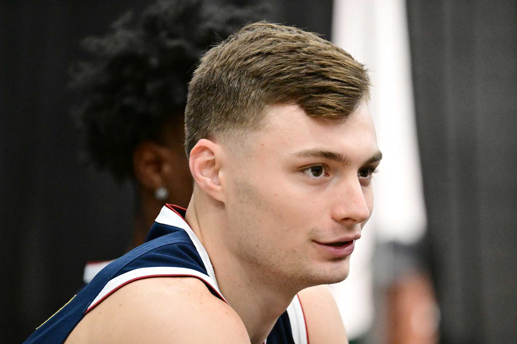 DENVER, CO - SEPTEMBER 26 : Christian Braun is in the press conference during Nuggets Media Day at Ball Arena in Denver, Colorado on Thursday, September 26, 2024. (Photo by Hyoung Chang/The Denver Post)
