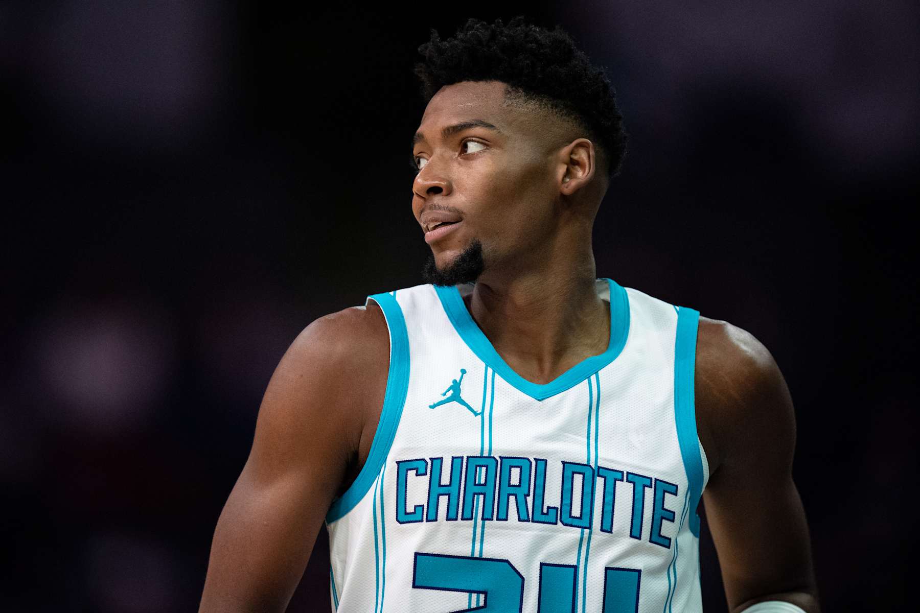 CHARLOTTE, NORTH CAROLINA - OCTOBER 06: Brandon Miller #24 of the Charlotte Hornets looks on in the second quarter during a preseason game against the New York Knicks at Spectrum Center on October 06, 2024 in Charlotte, North Carolina. NOTE TO USER: User expressly acknowledges and agrees that, by downloading and or using this photograph, User is consenting to the terms and conditions of the Getty Images License Agreement. (Photo by Jacob Kupferman/Getty Images)