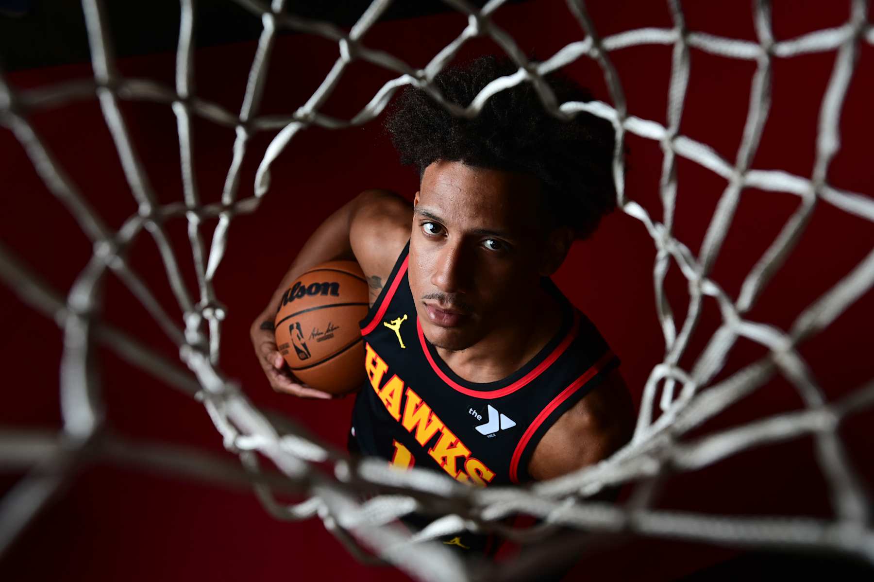ATLANTA, GA - SEPTEMBER 30: Jalen Johnson #1 of the Atlanta Hawks poses for a portrait during NBA Media Day on September 30, 2024 at PC&E Studios in Atlanta, Georgia. NOTE TO USER: User expressly acknowledges and agrees that, by downloading and or using this photograph, user is consenting to the terms and conditions of Getty Images License Agreement. Mandatory Copyright Notice: Copyright 2024 NBAE (Photo by Adam HagyNBAE via Getty Images)