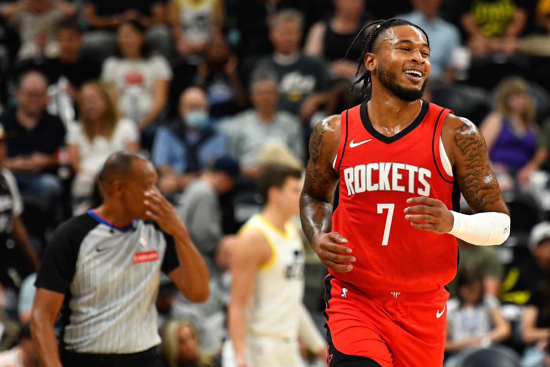 SALT LAKE CITY, UTAH - OCTOBER 07: Cam Whitmore #7 of the Houston Rockets reacts to a play during the first half of a preseason game against the Utah Jazz at Delta Center on October, 7 2024 in Salt Lake City, Utah. NOTE TO USER: User expressly acknowledges and agrees that, by downloading and or using this photograph, User is consenting to the terms and conditions of the Getty Images License Agreement. (Photo by Alex Goodlett/Getty Images)