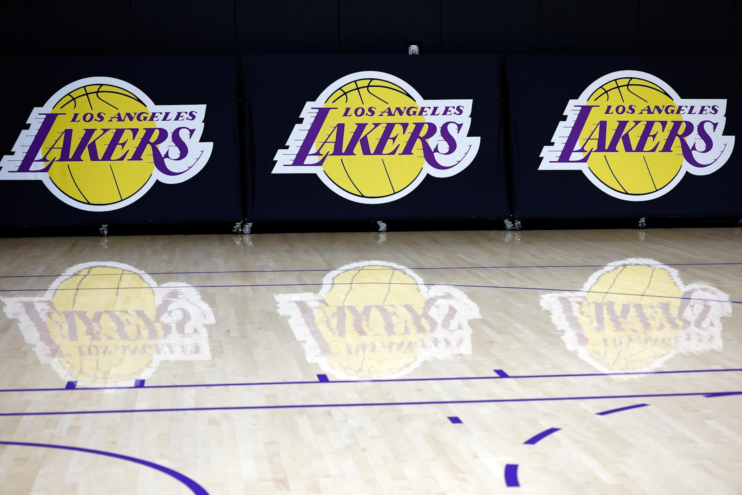 EL SEGUNDO, CALIFORNIA - SEPTEMBER 25: The Los Angeles Lakers logo before a press conference at UCLA Health Training Center on September 25, 2024 in El Segundo, California. (Photo by Ronald Martinez/Getty Images)