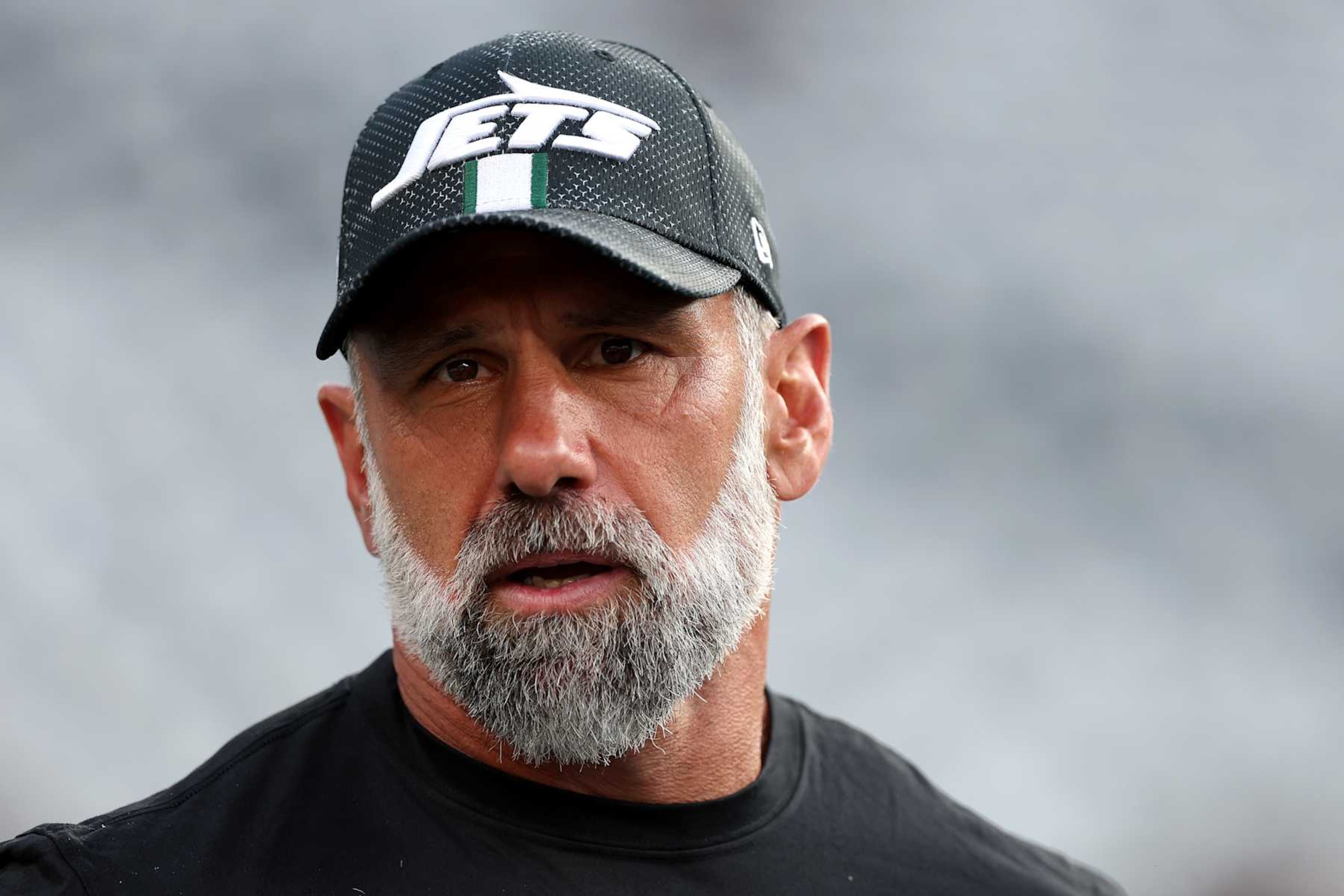 EAST RUTHERFORD, NEW JERSEY - AUGUST 24: Jeff Ulbrich of the New York Jets looks on against the New York Giants before a preseason game at MetLife Stadium on August 24, 2024 in East Rutherford, New Jersey.  (Photo by Luke Hales/Getty Images)