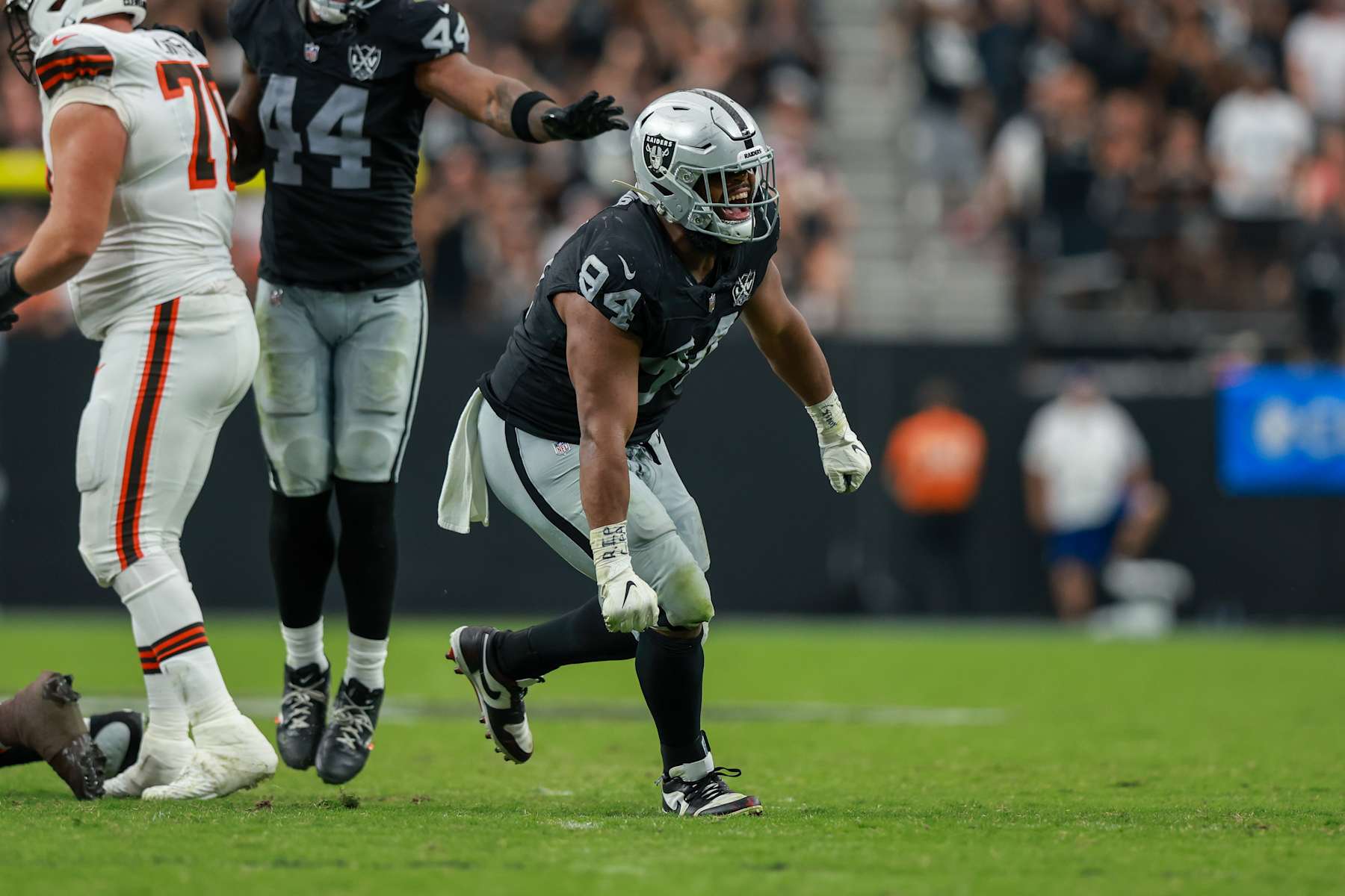 LAS VEGAS, NV - SEPTEMBER 29: Las Vegas Raiders defensive tackle Christian Wilkins (94) celebrates after a big play during a NFL game between the Cleveland Browns vs Las Vegas Raiders game on September 29, 2024, at Allegiant Stadium in Las Vegas, NV. (Photo by Jordon Kelly/Icon Sportswire via Getty Images)