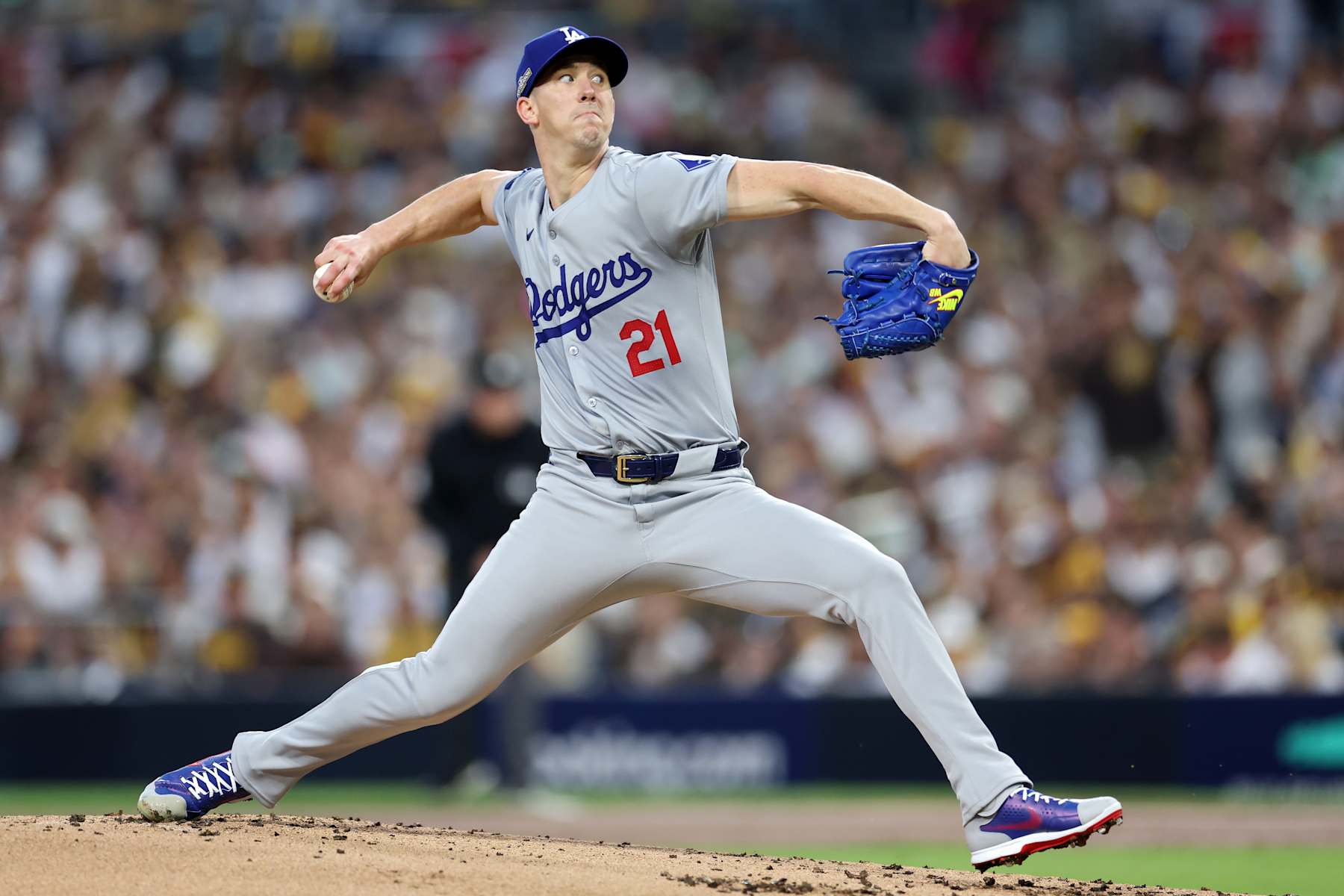 SAN DIEGO, CALIFORNIA - OCTOBER 08: Walker Buehler #21 of the Los Angeles Dodgers pitches in the first inning against the San Diego Padres during Game Three of the Division Series at Petco Park on October 08, 2024 in San Diego, California. (Photo by Harry How/Getty Images)