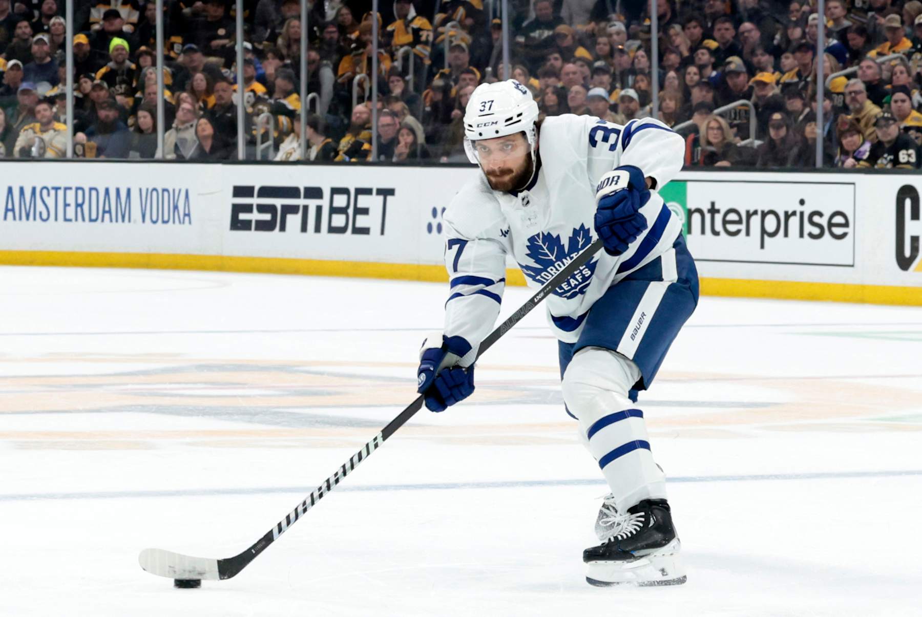BOSTON, MA - APRIL 22: Toronto Maple Leafs defenseman Timothy Liljegren (37) moves the puck on the power play during Game 2 of the Eastern Conference First Round playoffs between the Boston Bruins and the Toronto Maple Leafs on April 22, 2024, at TD Garden in Boston, Massachusetts. (Photo by Fred Kfoury III/Icon Sportswire via Getty Images)