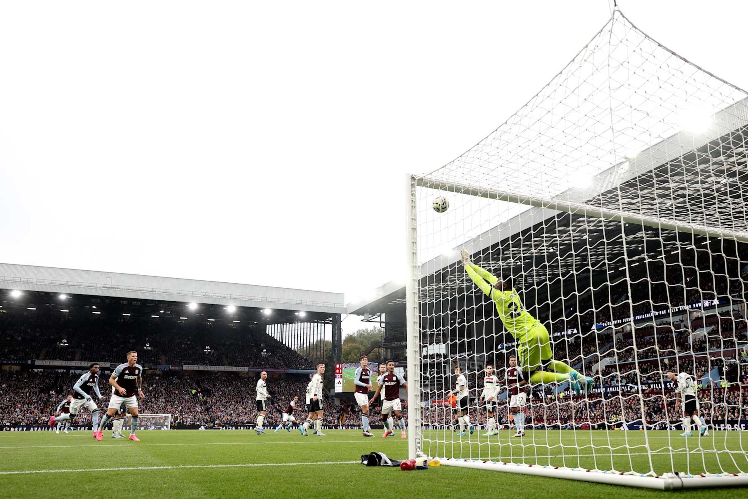 BIRMINGHAM, ENGLAND - OCTOBER 06: Andre Onana of Manchester United makes a save during the Premier League match between Aston Villa FC and Manchester United FC at Villa Park on October 06, 2024 in Birmingham, England. (Photo by Carl Recine/Getty Images)